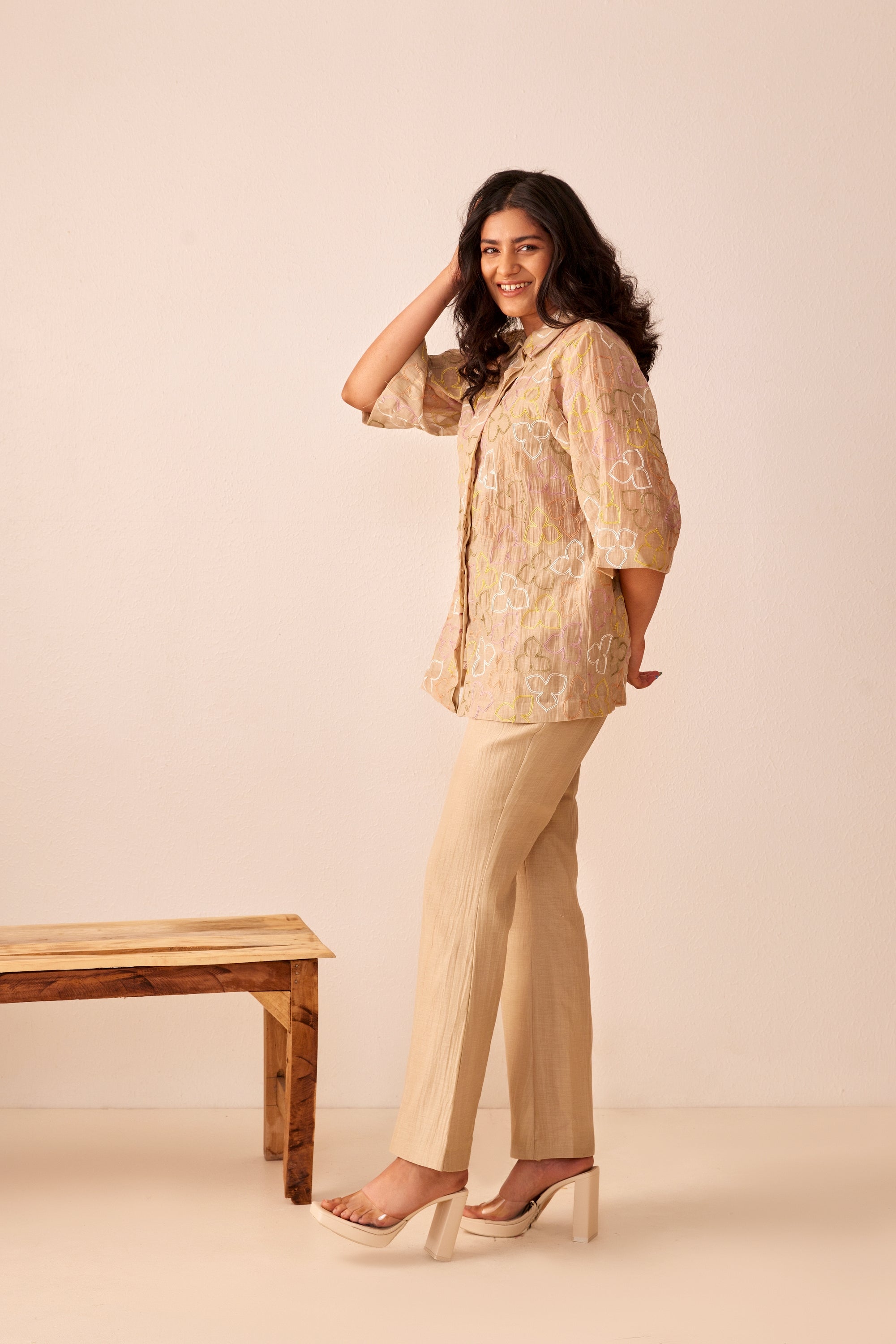 Beige chanderi silk hand embroidered shirt