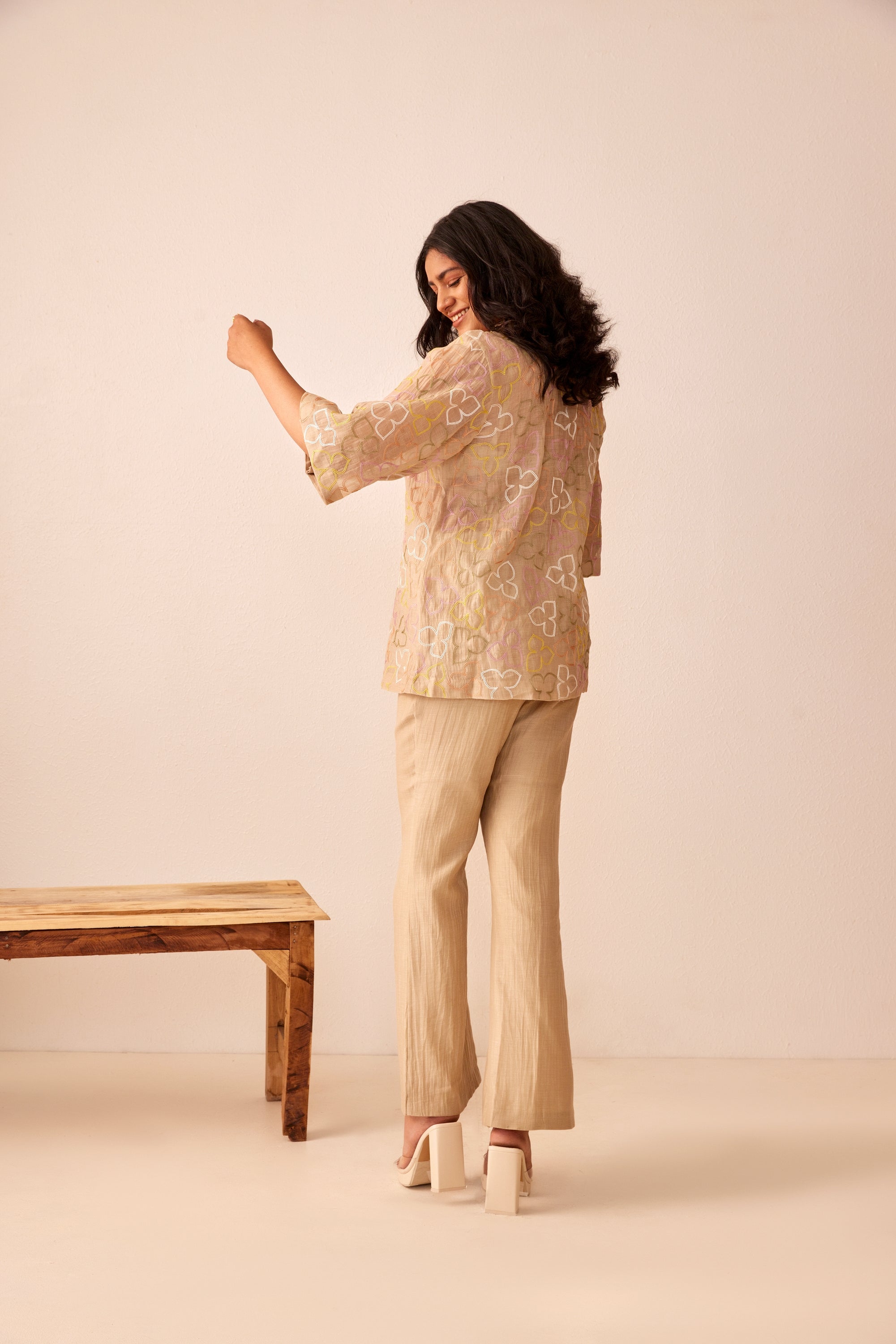 Beige chanderi silk hand embroidered shirt