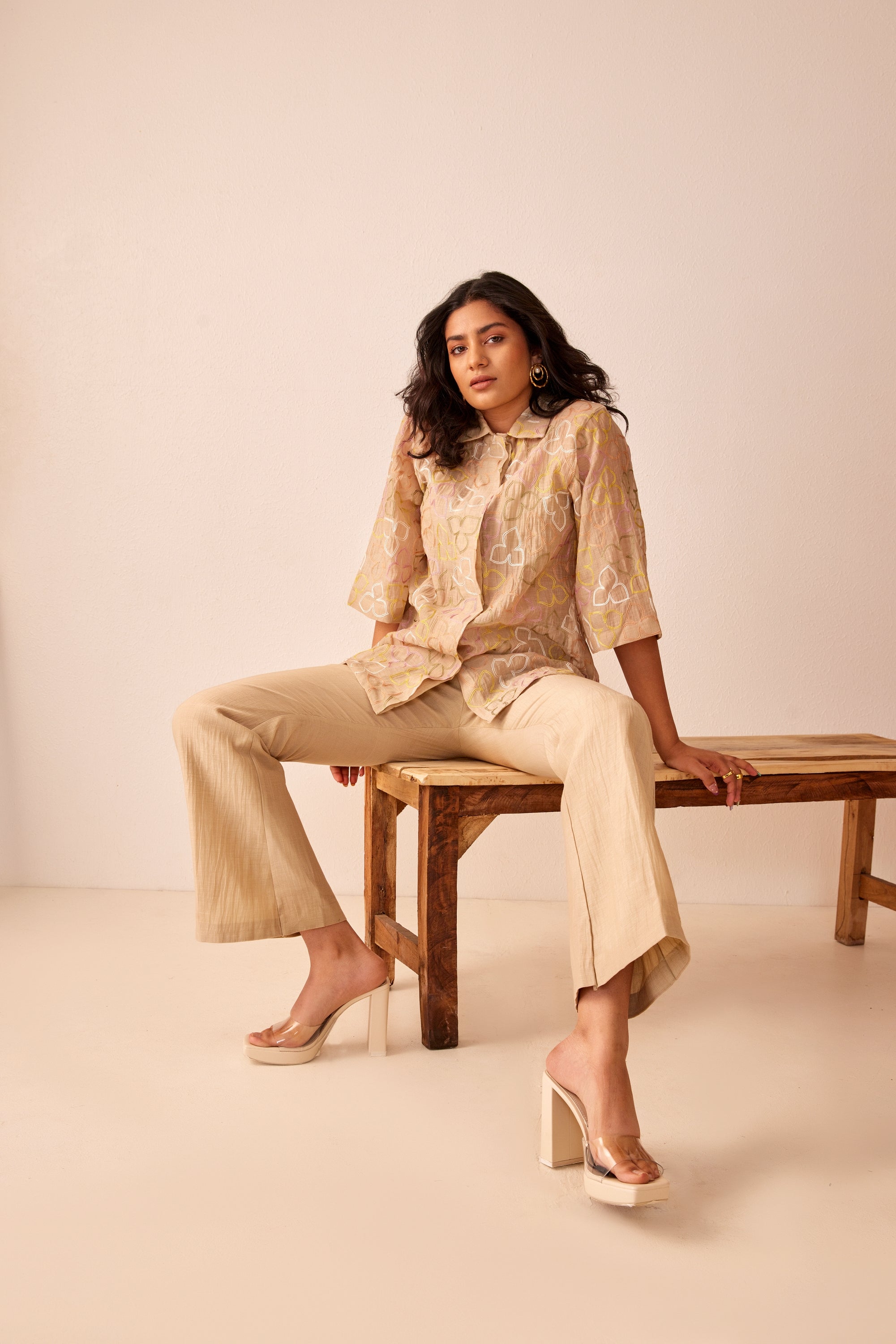 Beige chanderi silk hand embroidered shirt