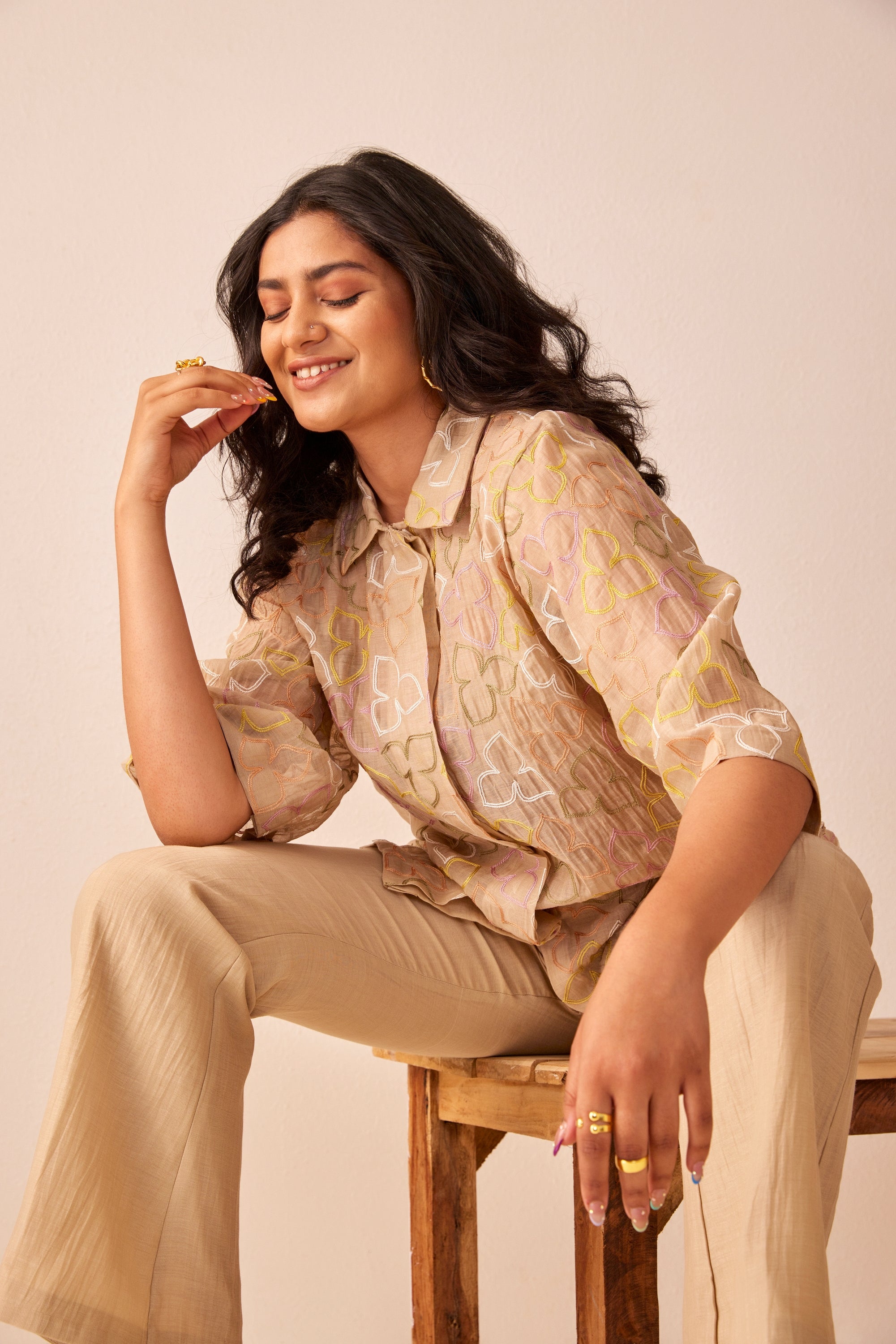 Beige chanderi silk hand embroidered shirt