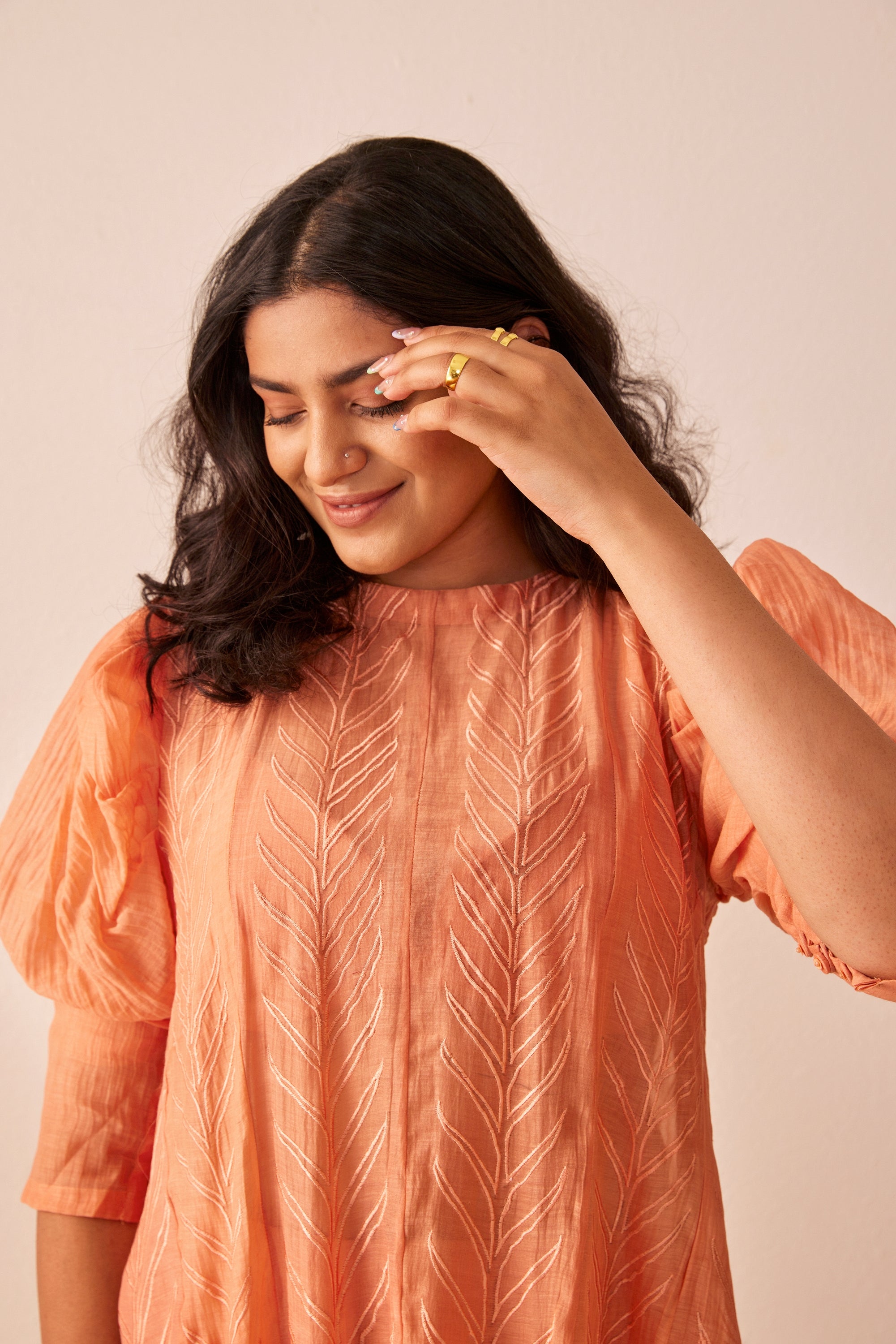Peach chanderi silk embroidered kurta