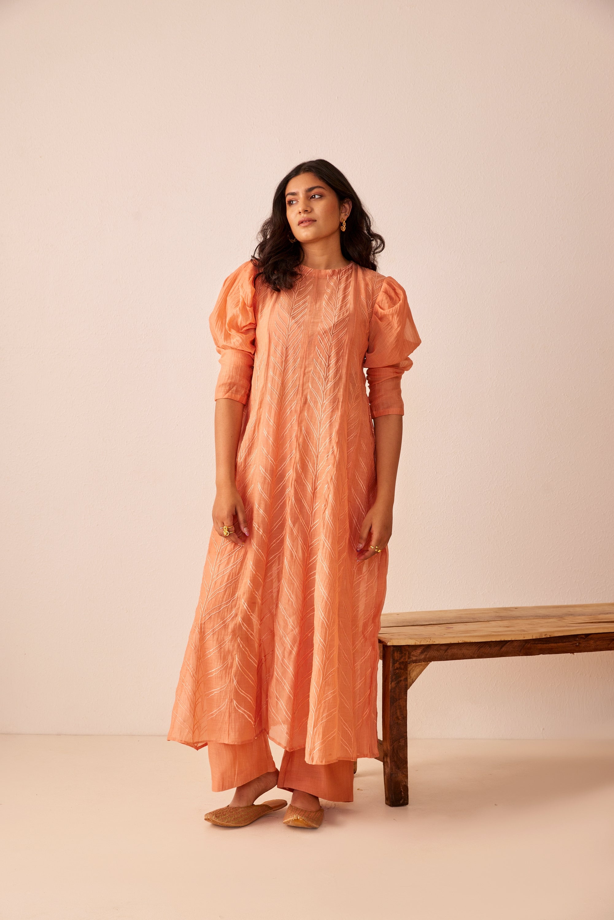 Peach chanderi embroidered kurta set