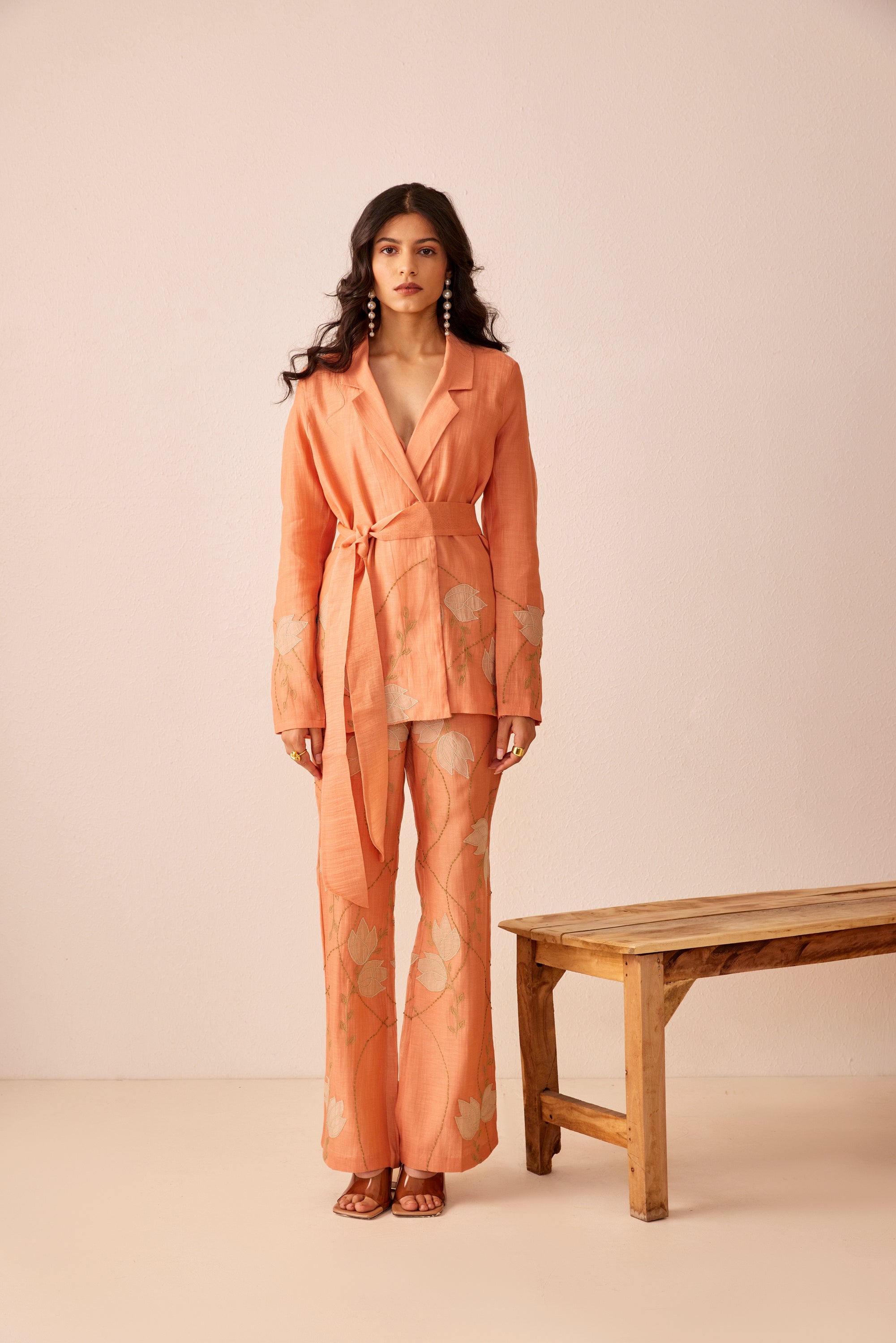 Peach chanderi silk hand embroidered blazer set