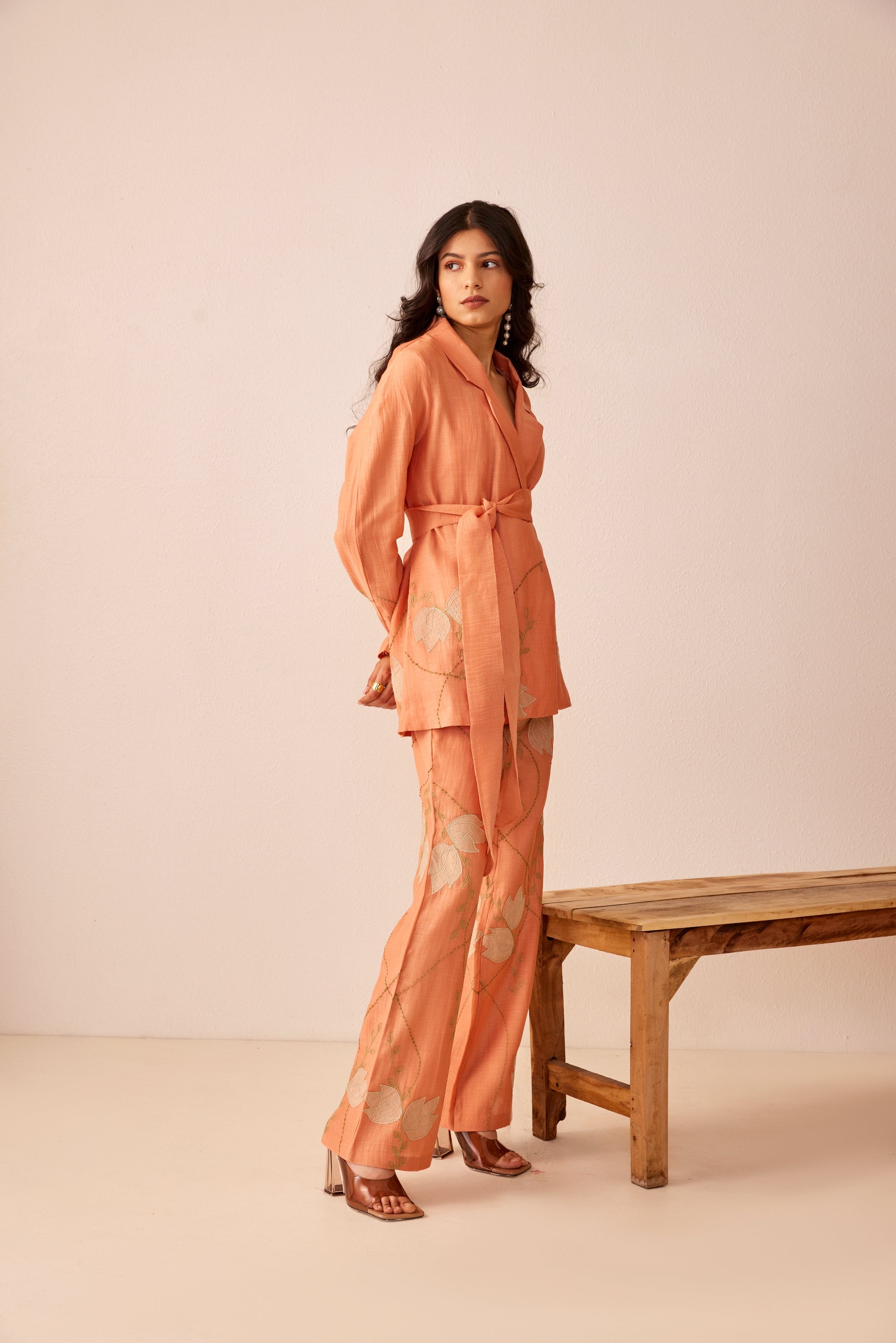 Peach chanderi silk hand embroidered blazer set