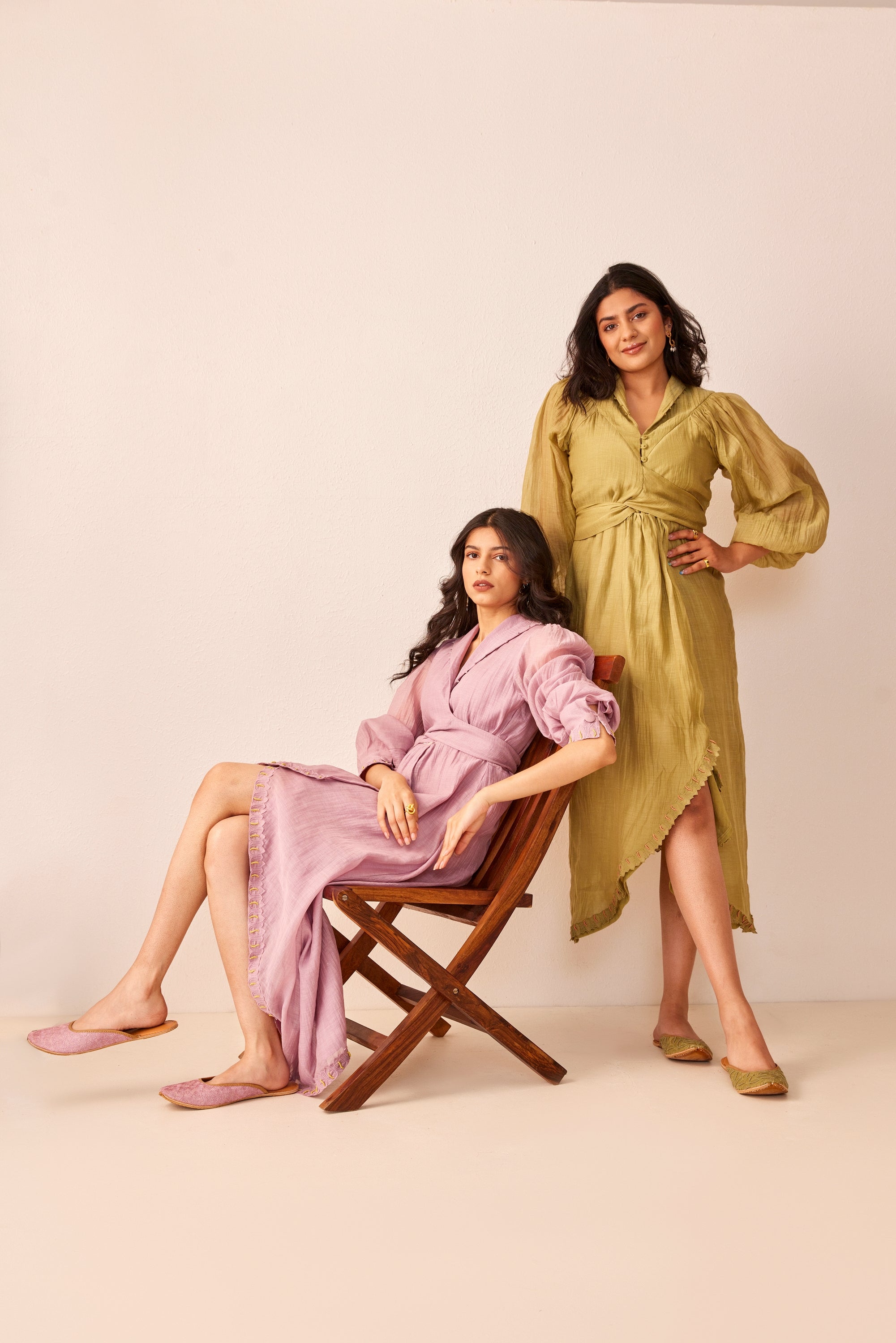 Green chanderi silk hand embroidered wrap dress