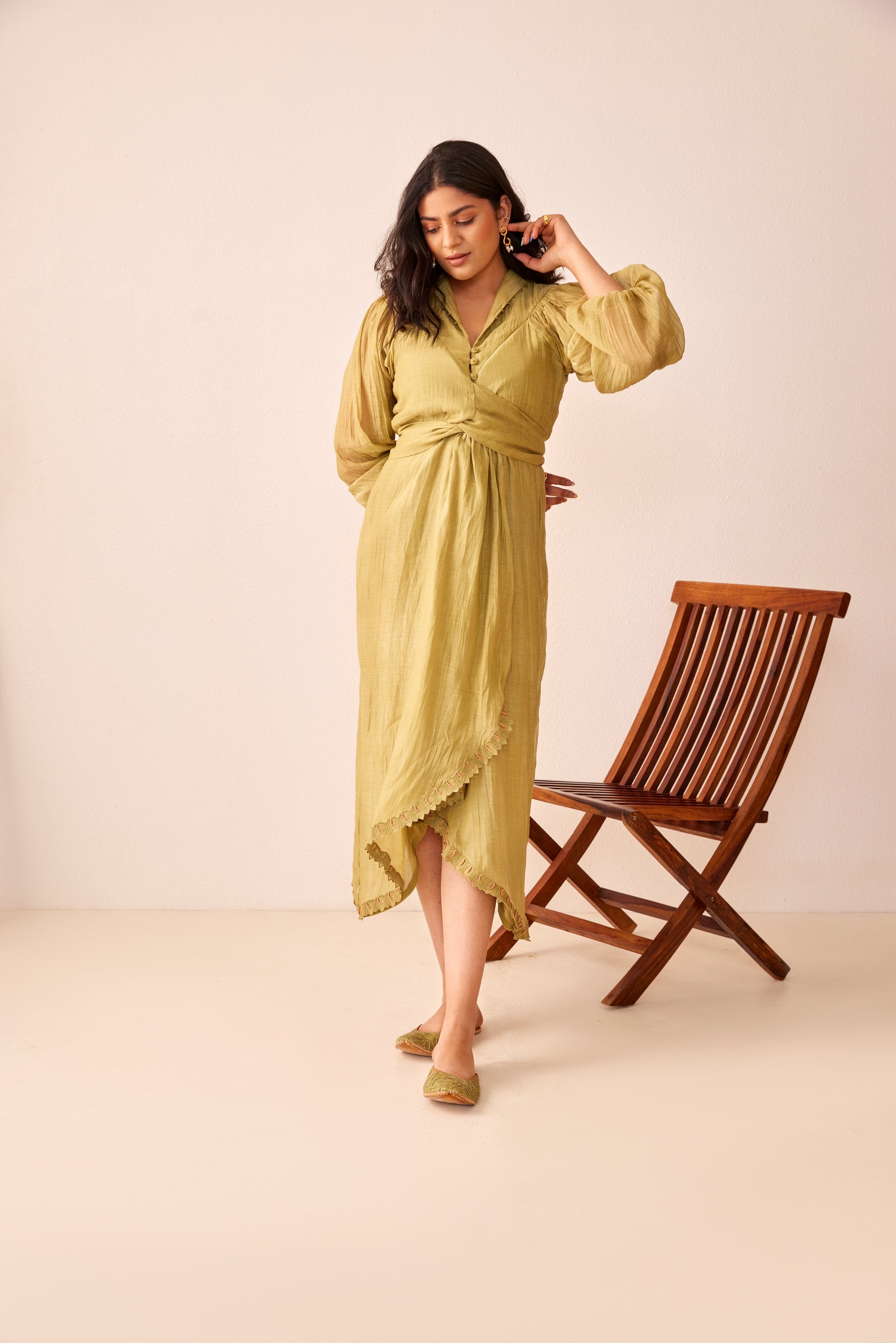 Green chanderi silk hand embroidered wrap dress