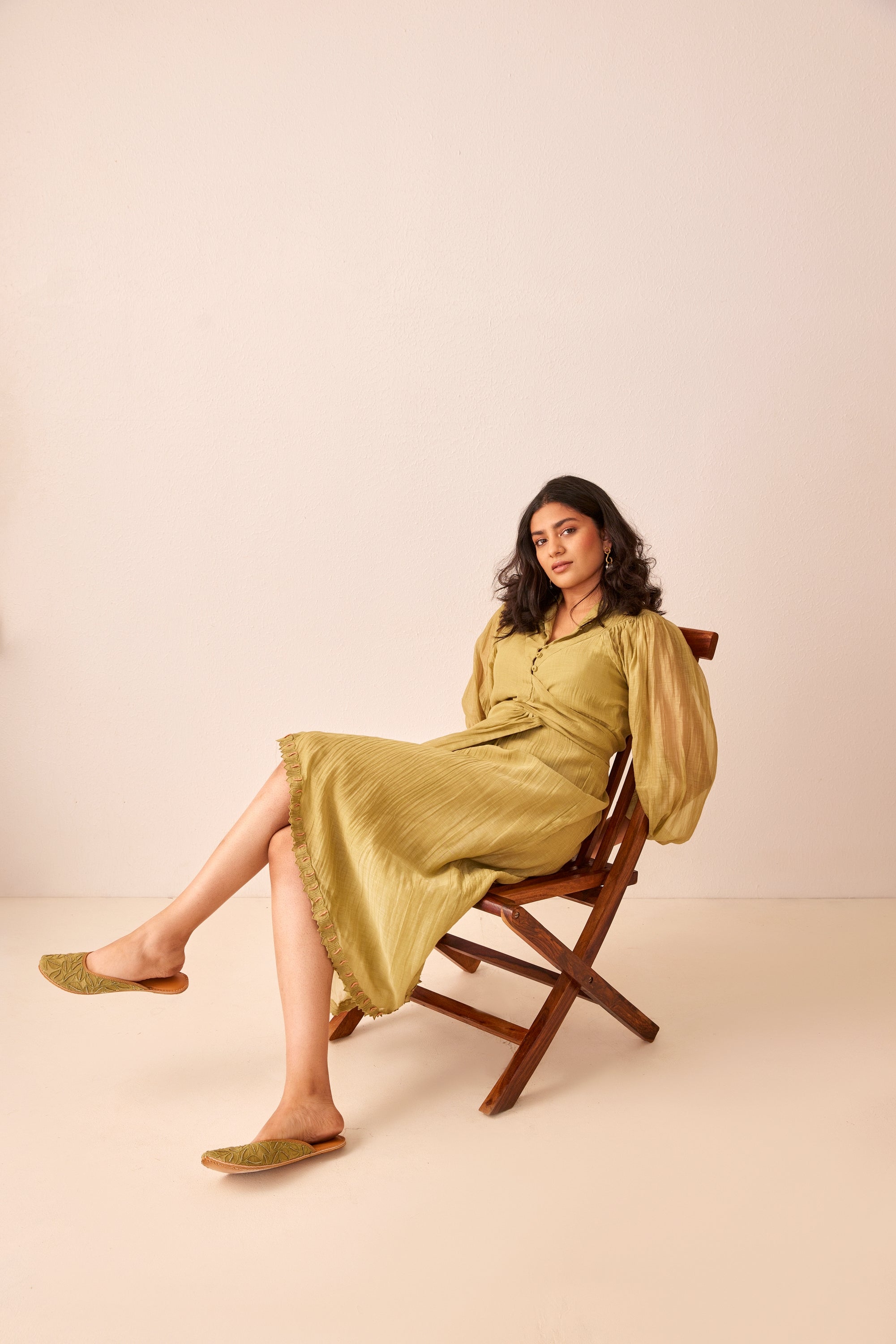 Green chanderi silk hand embroidered wrap dress