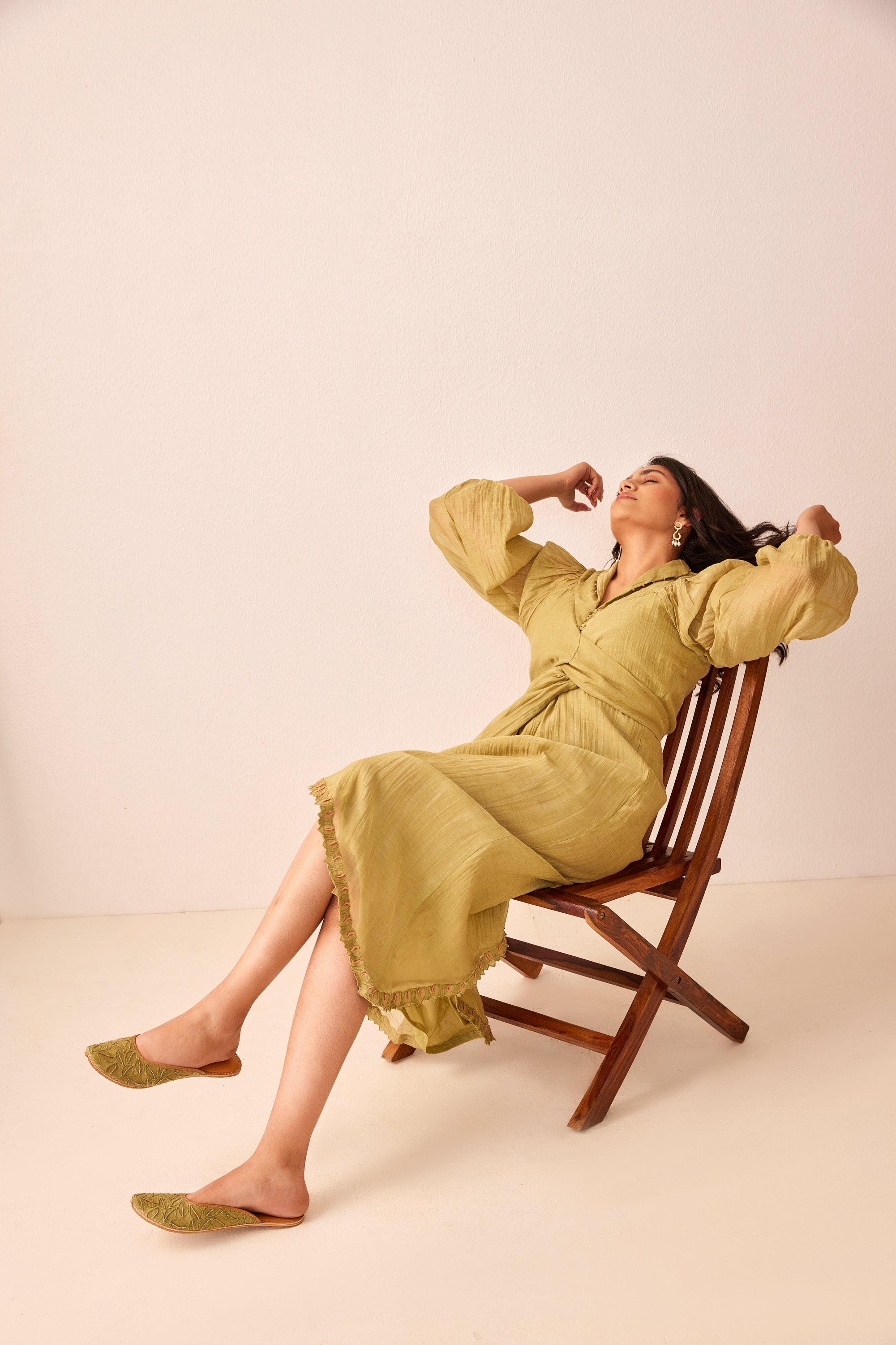 Green chanderi silk hand embroidered wrap dress