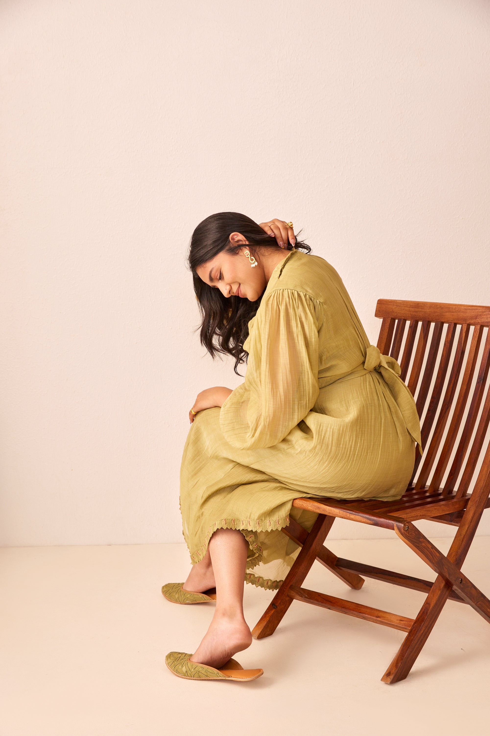Green chanderi silk hand embroidered wrap dress