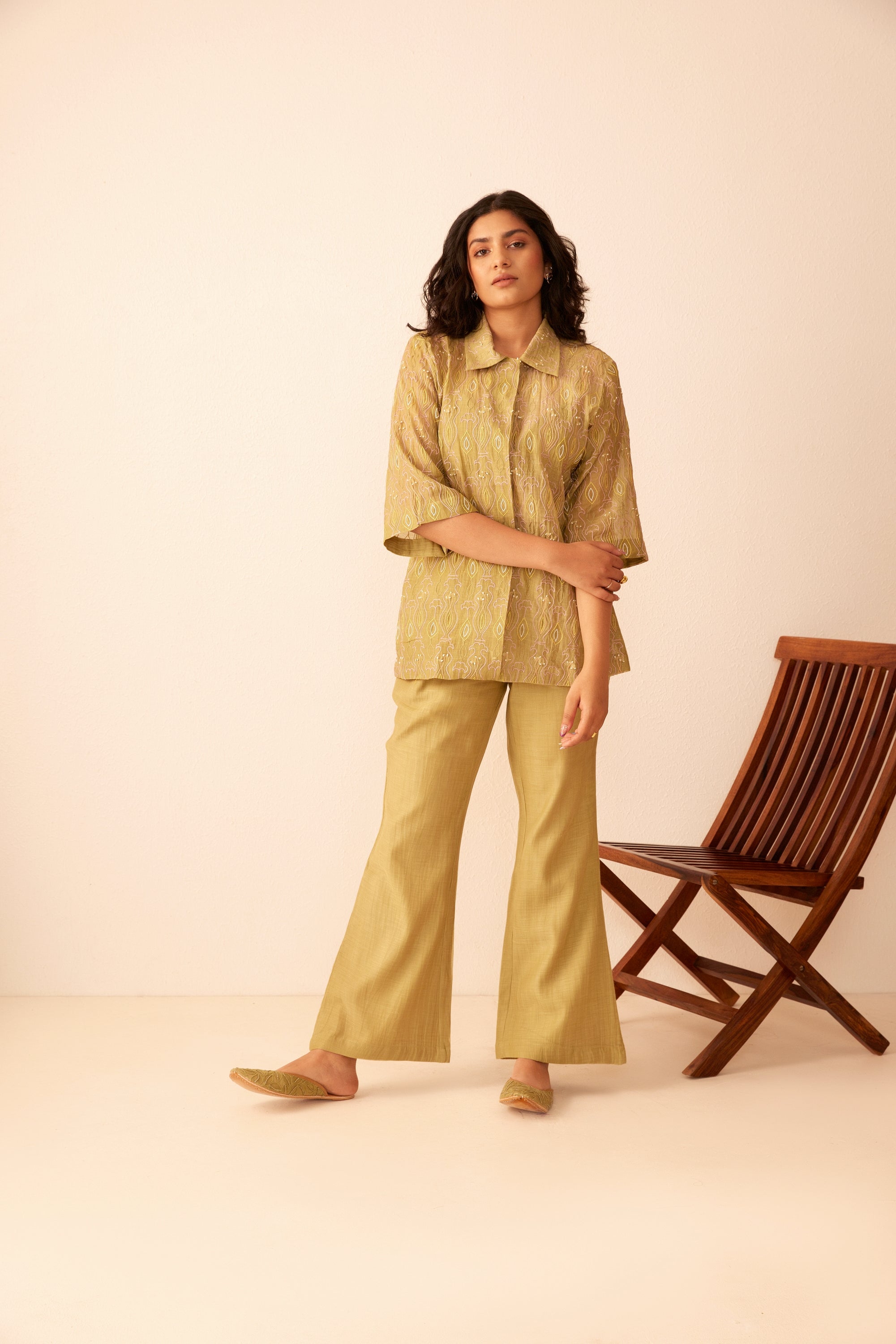 Green chanderi hand embroidered shirt
