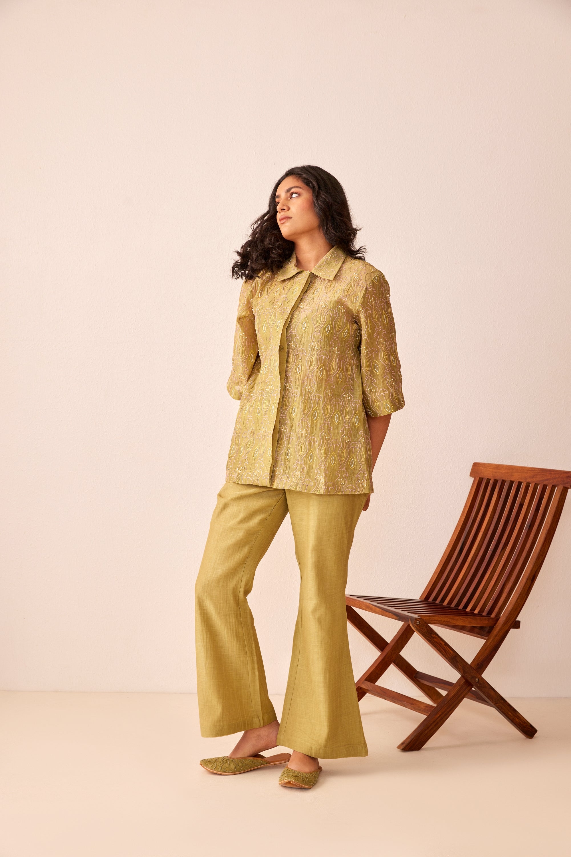 Green chanderi hand embroidered shirt
