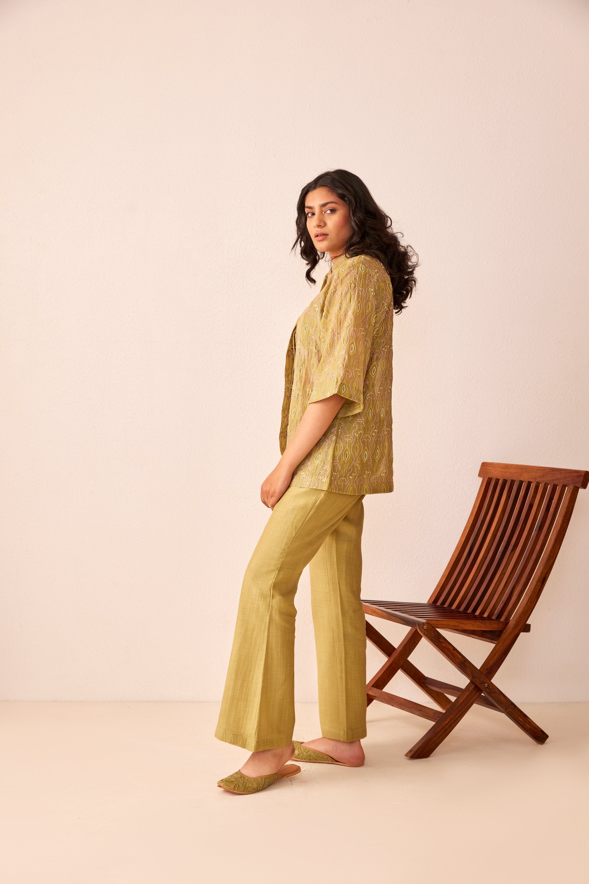 Green chanderi hand embroidered shirt