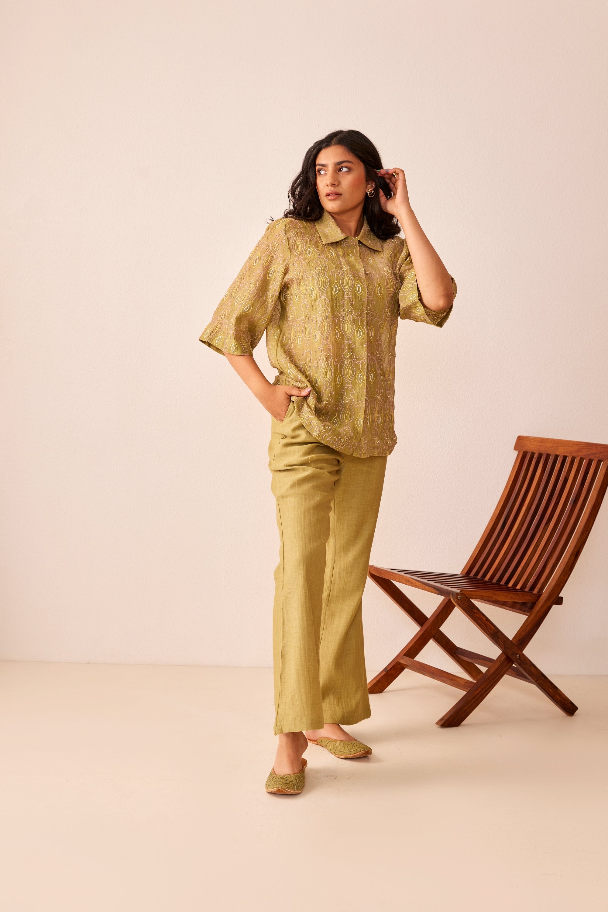 Green chanderi hand embroidered shirt