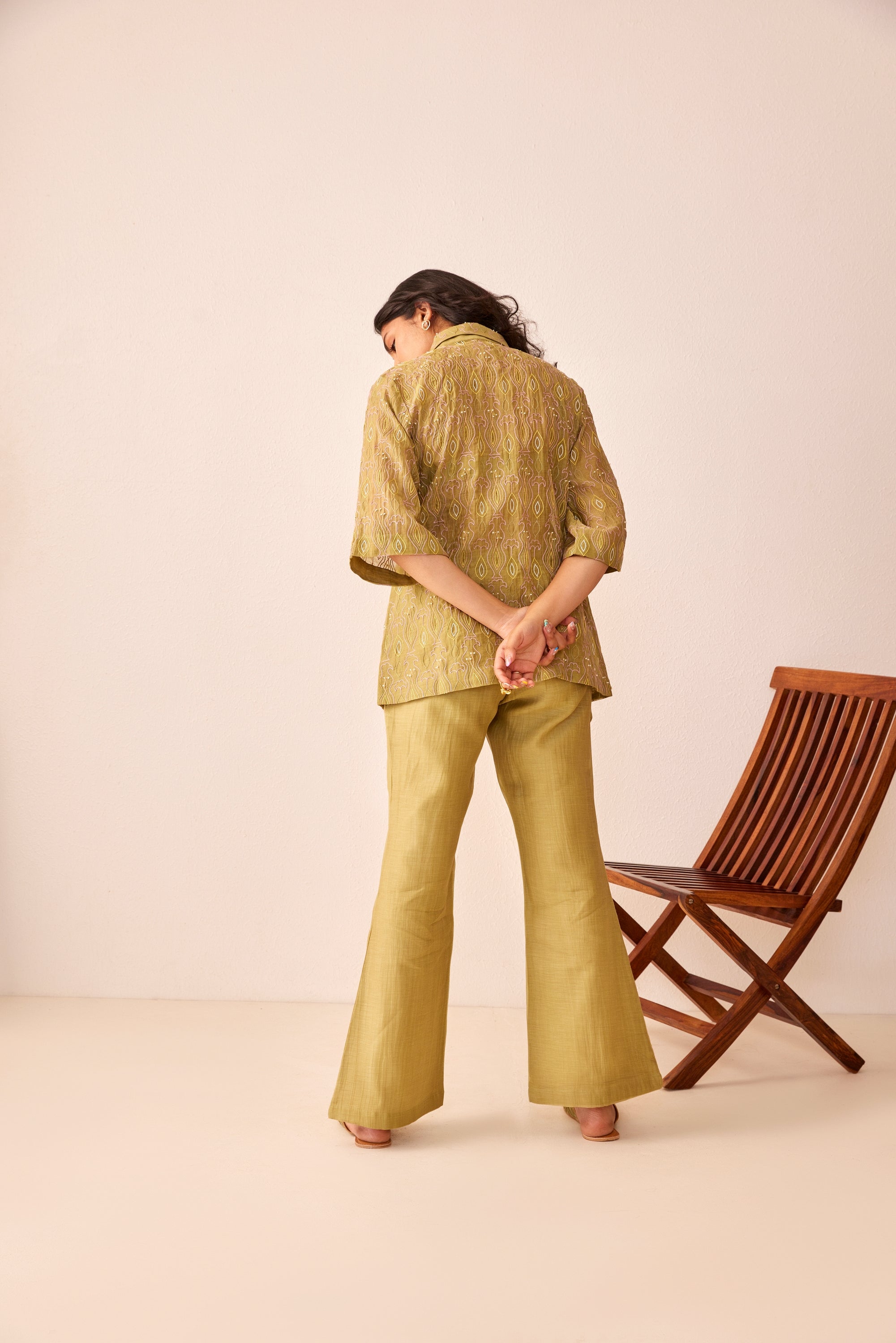 Green chanderi hand embroidered shirt