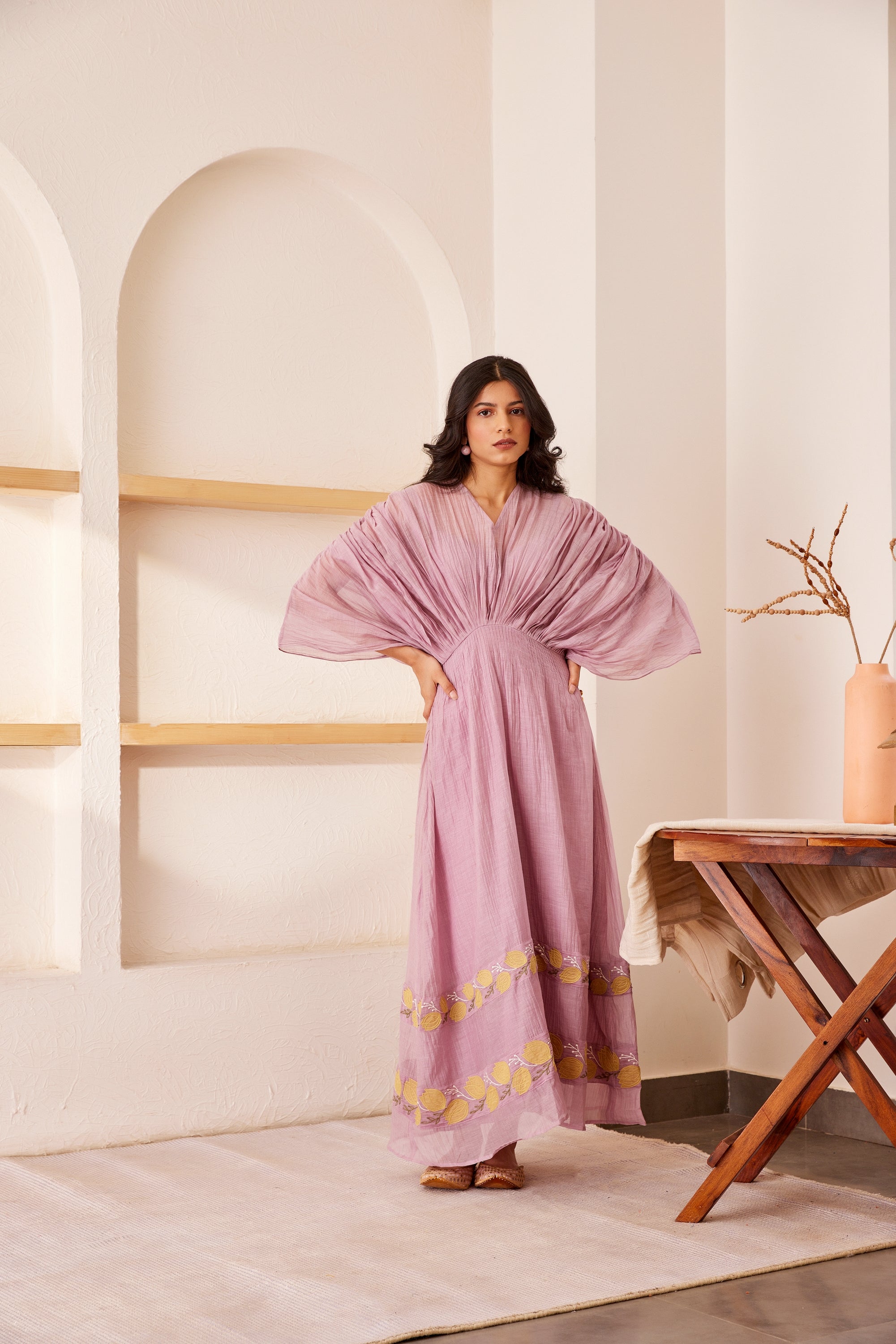 Lavender chanderi silk hand embroidered dress
