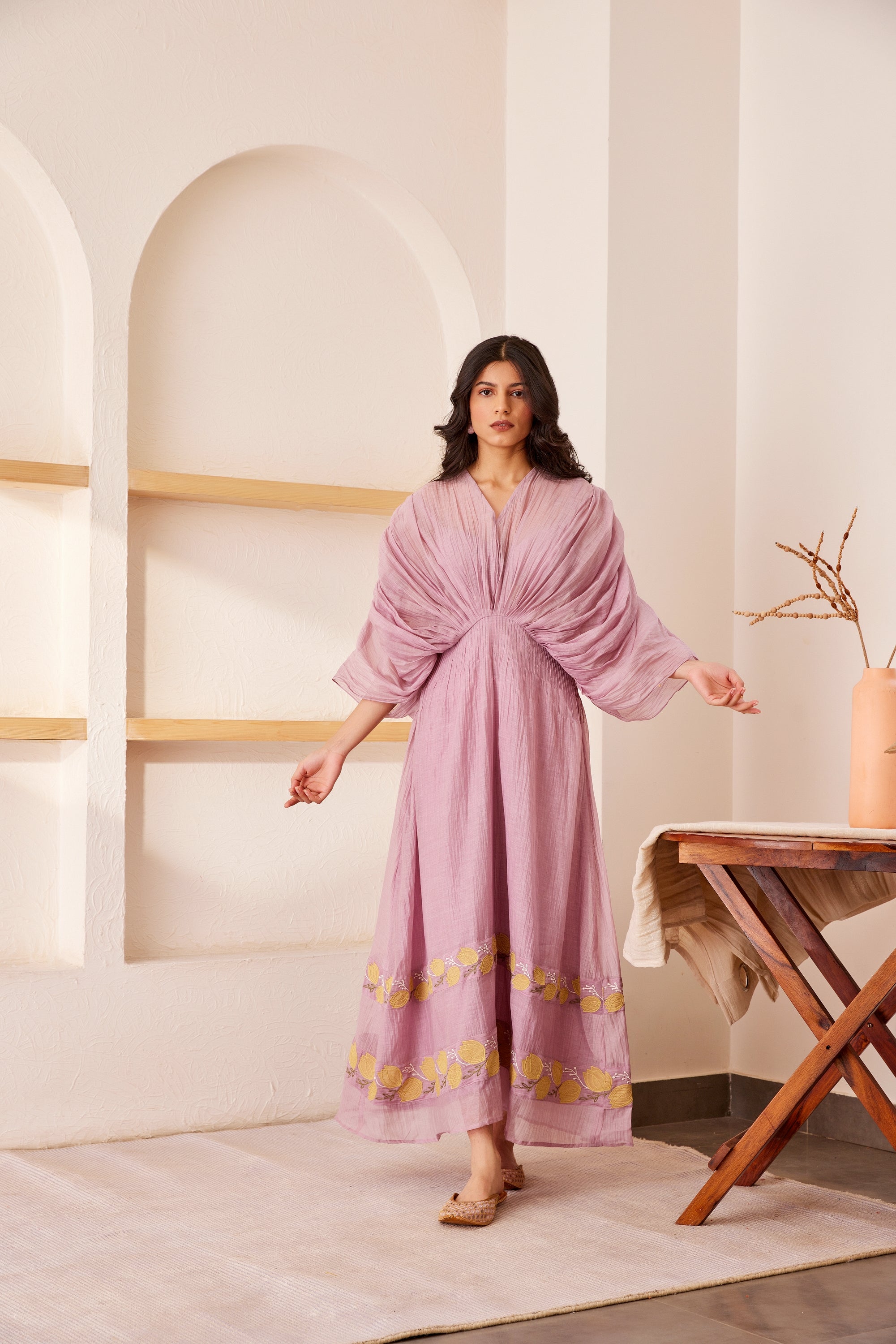 Lavender chanderi silk hand embroidered dress