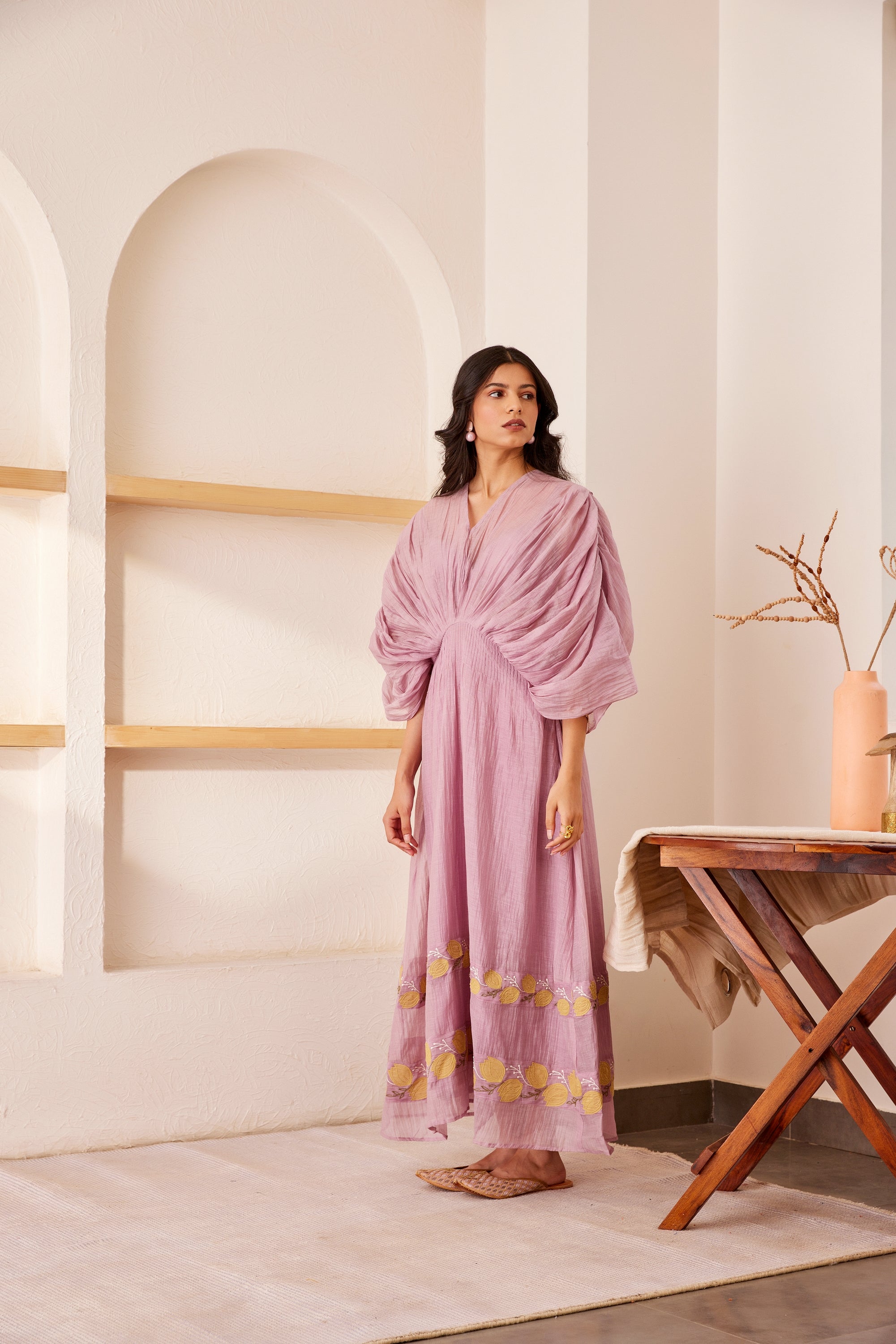 Lavender chanderi silk hand embroidered dress