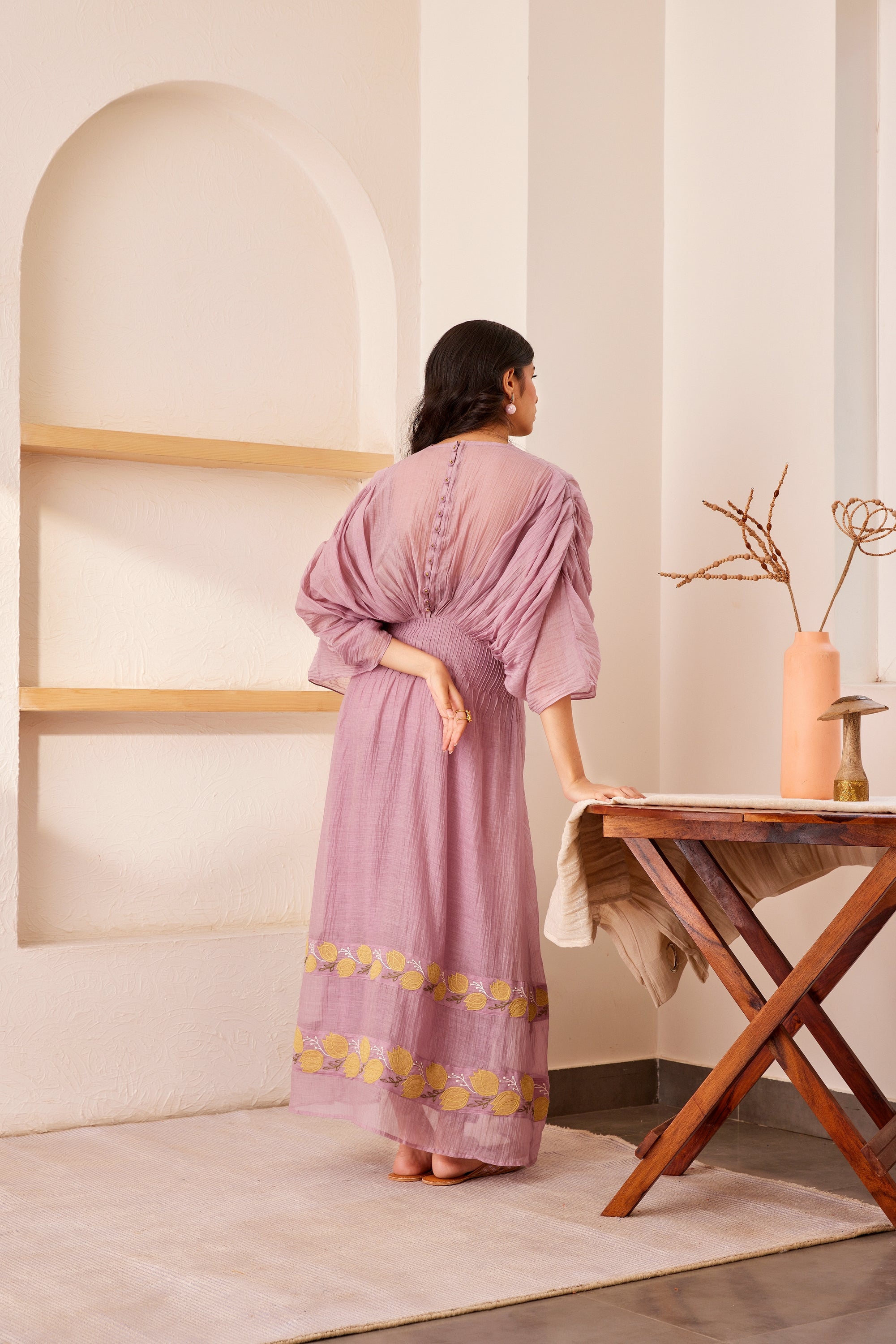 Lavender chanderi silk hand embroidered dress