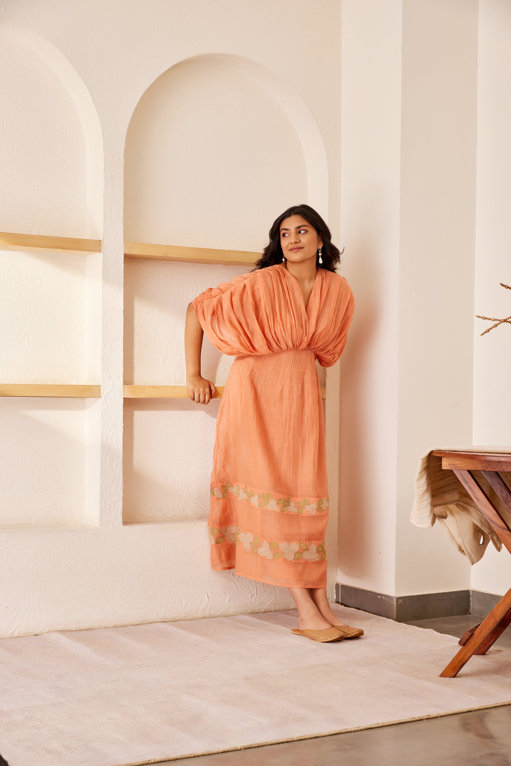 Peach chanderi silk hand embroidered pleated dress