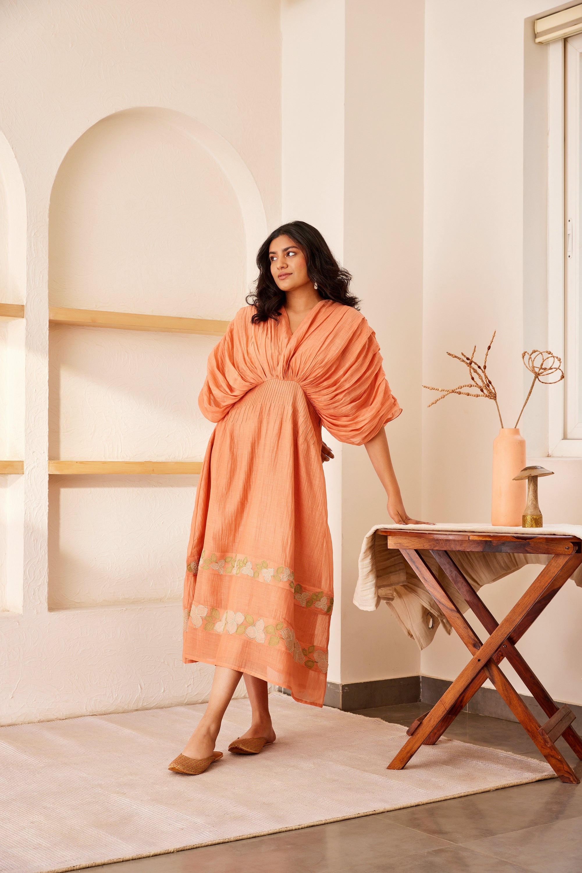 Peach chanderi silk hand embroidered pleated dress