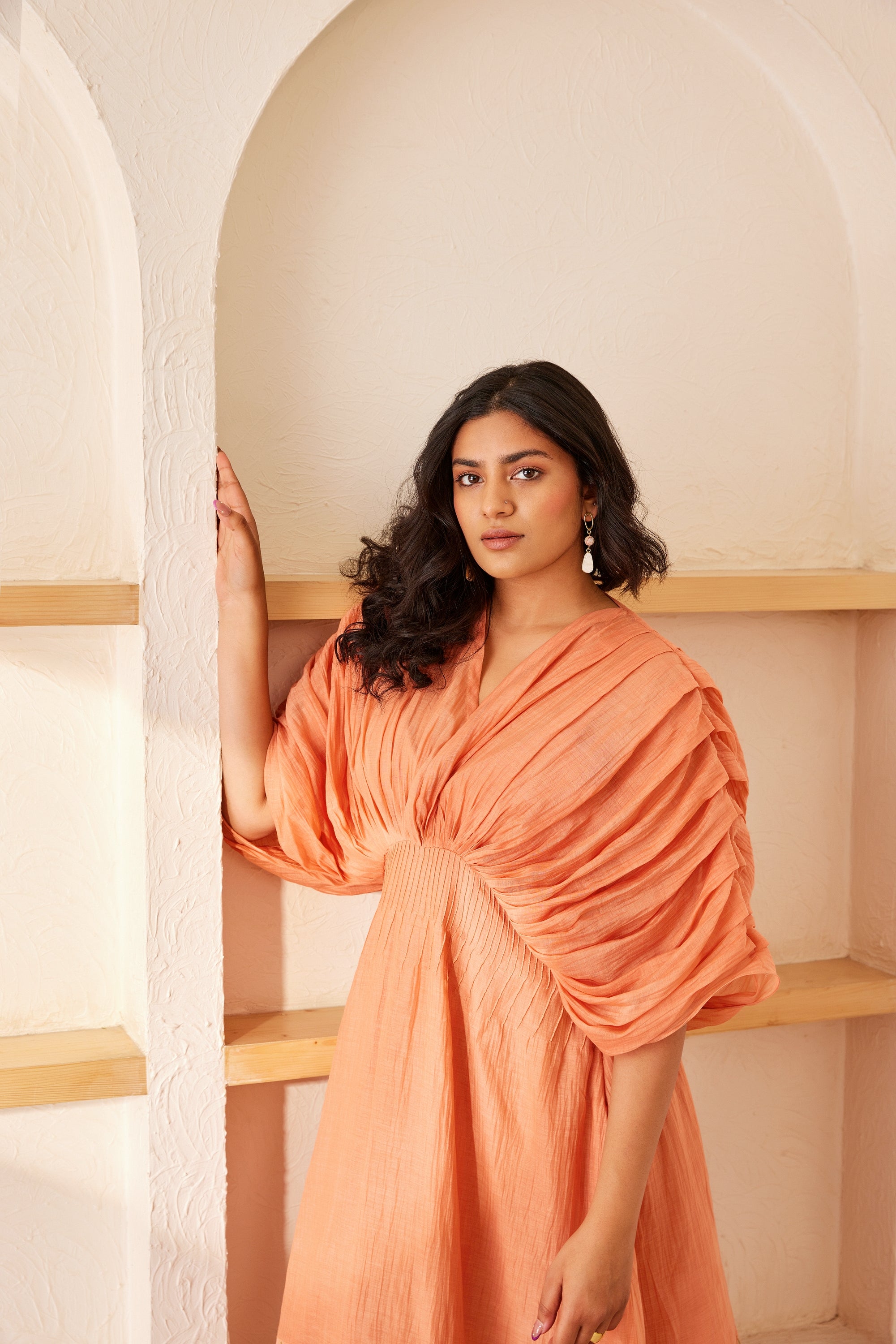 Peach chanderi silk hand embroidered pleated dress