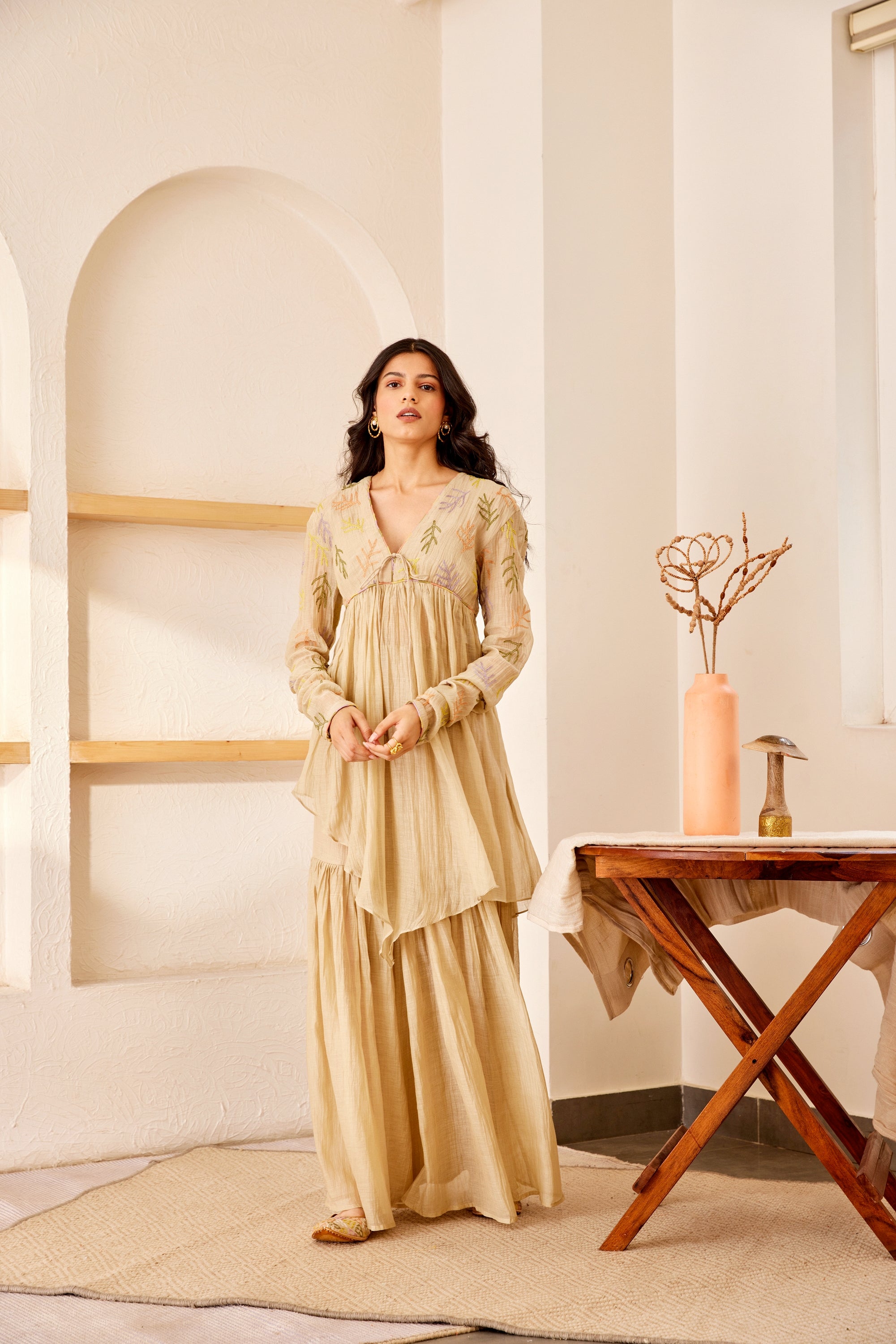 Beige chanderi silk hand embroidered sharara kurta set