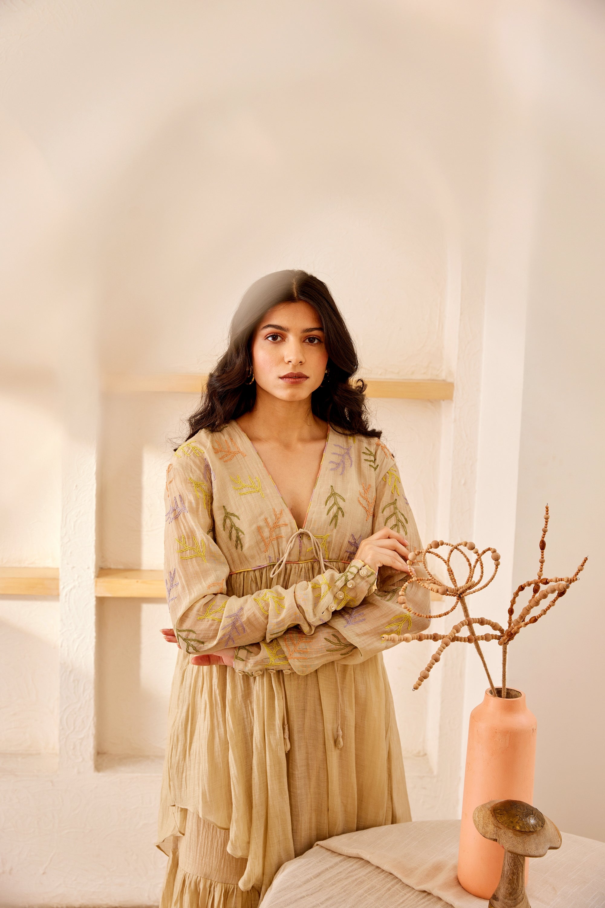 Beige chanderi silk hand embroidered sharara kurta set