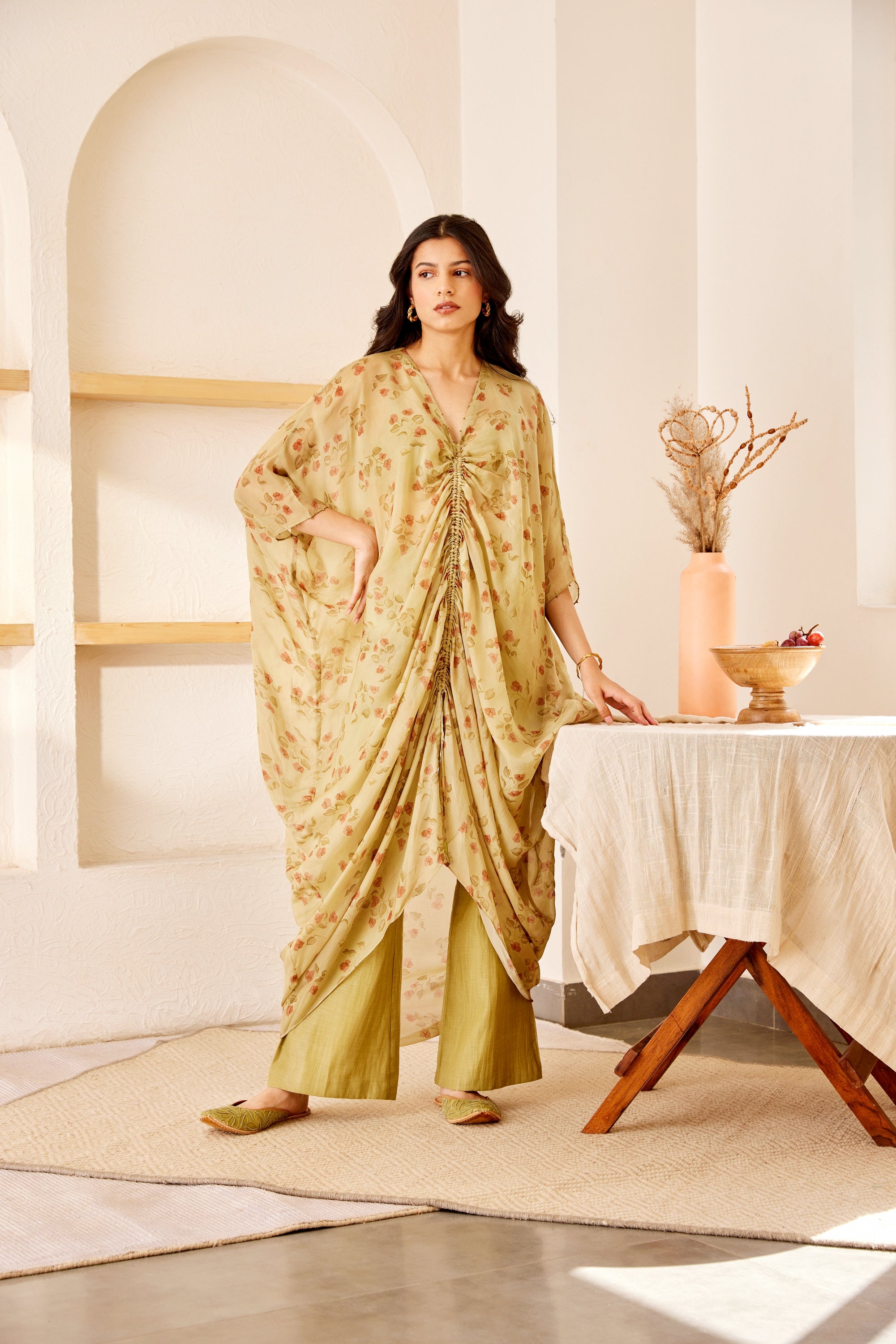Green printed silk kaftan
