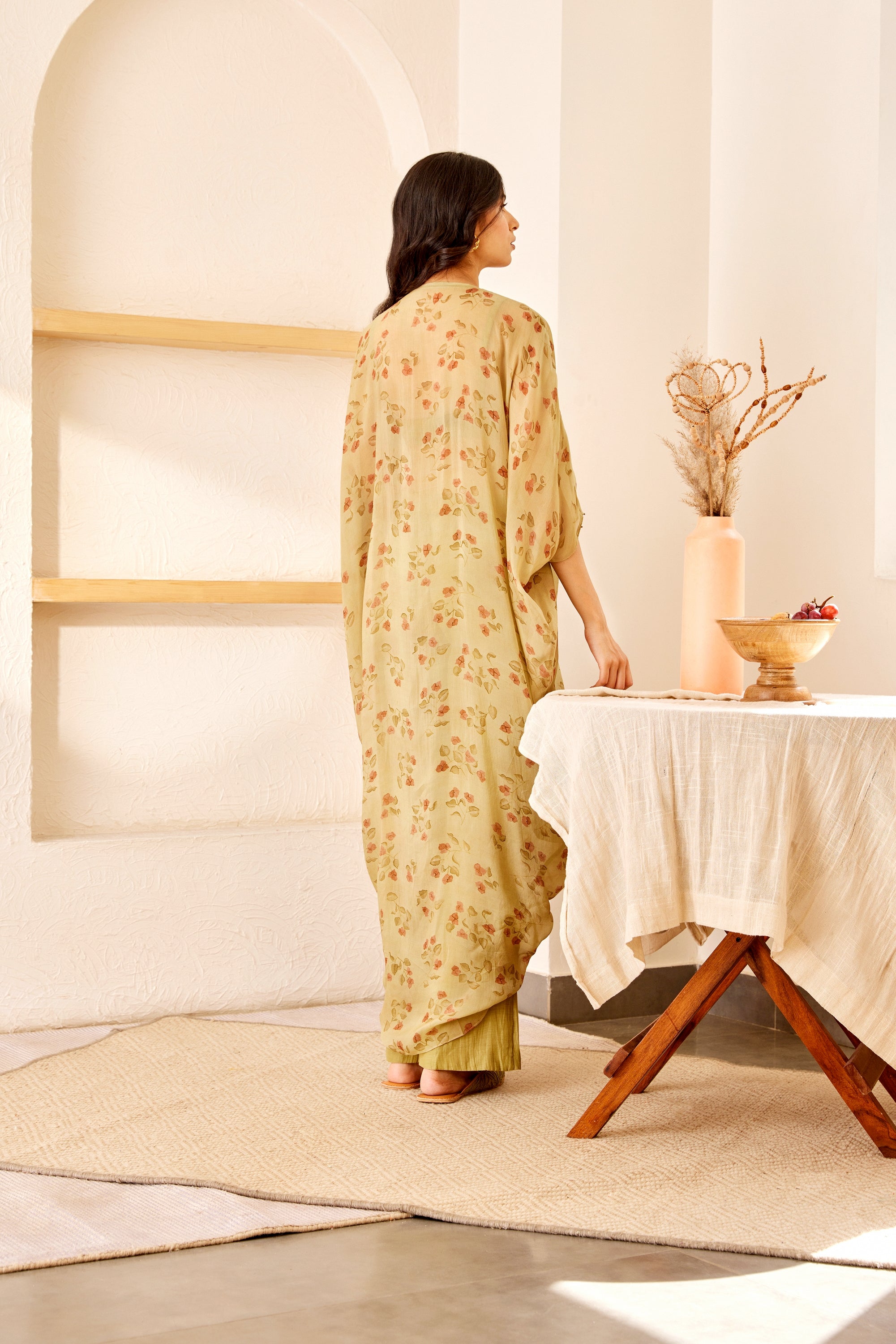 Green printed silk kaftan
