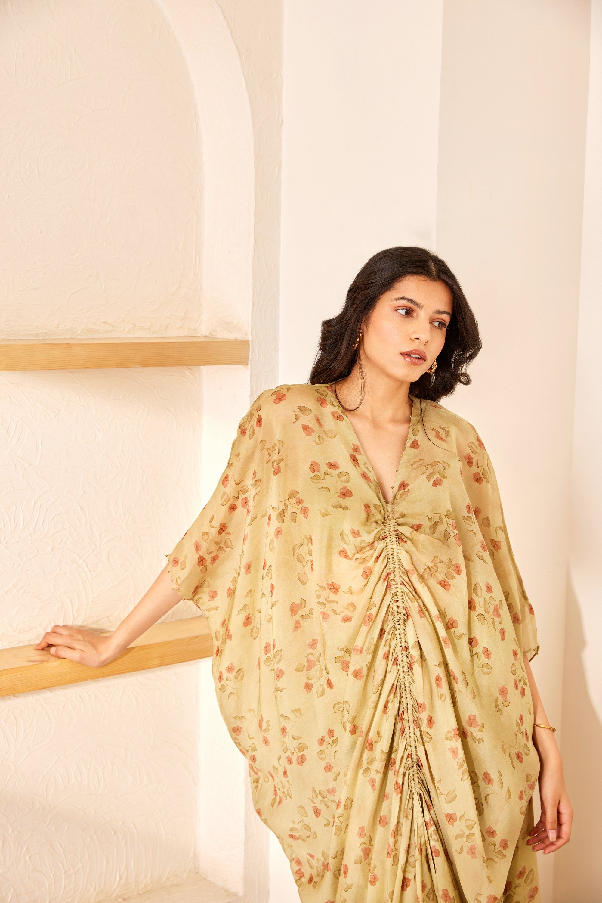 Green printed silk kaftan