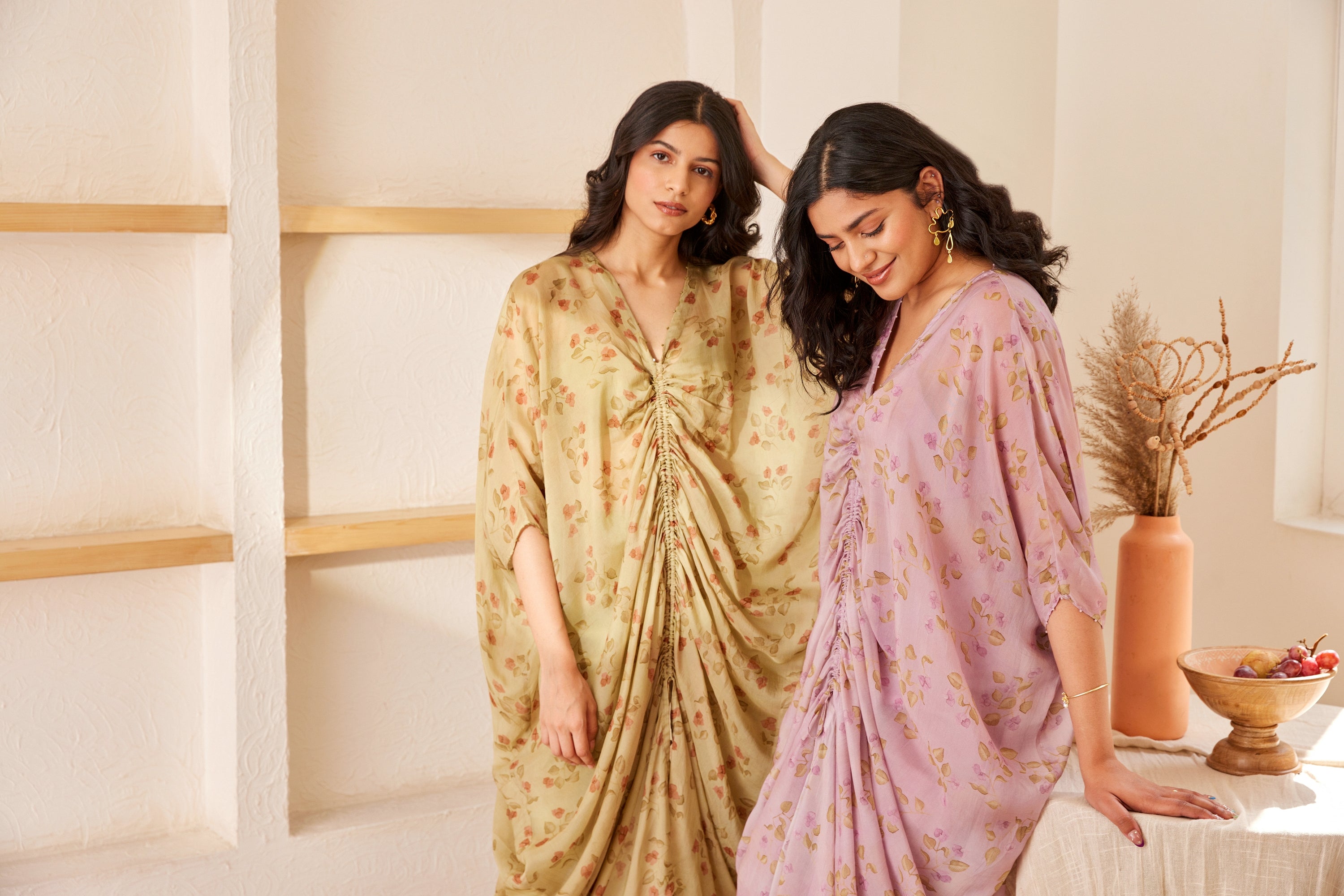 Green printed silk kaftan set