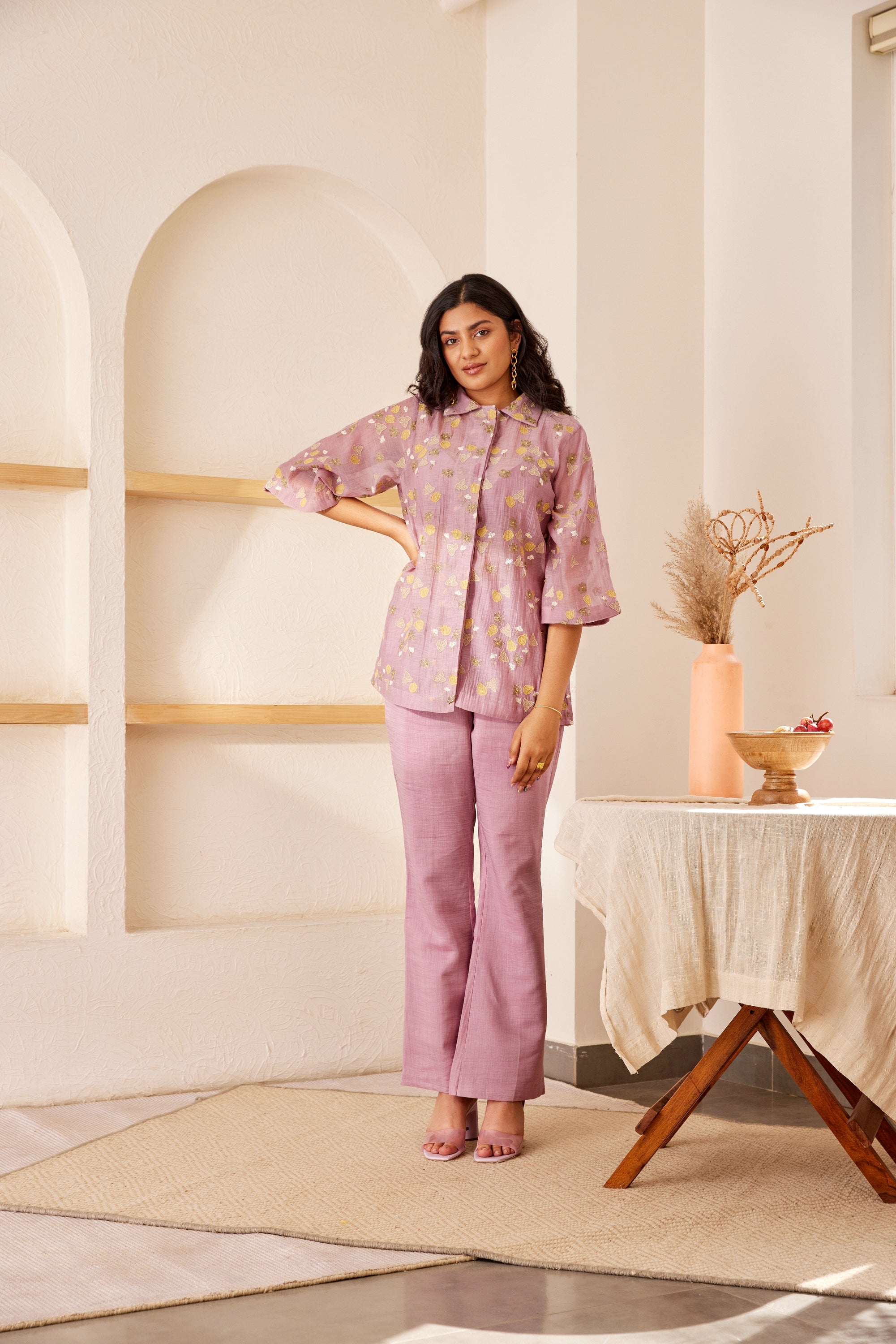 Lavender chanderi silk hand embroidered shirt