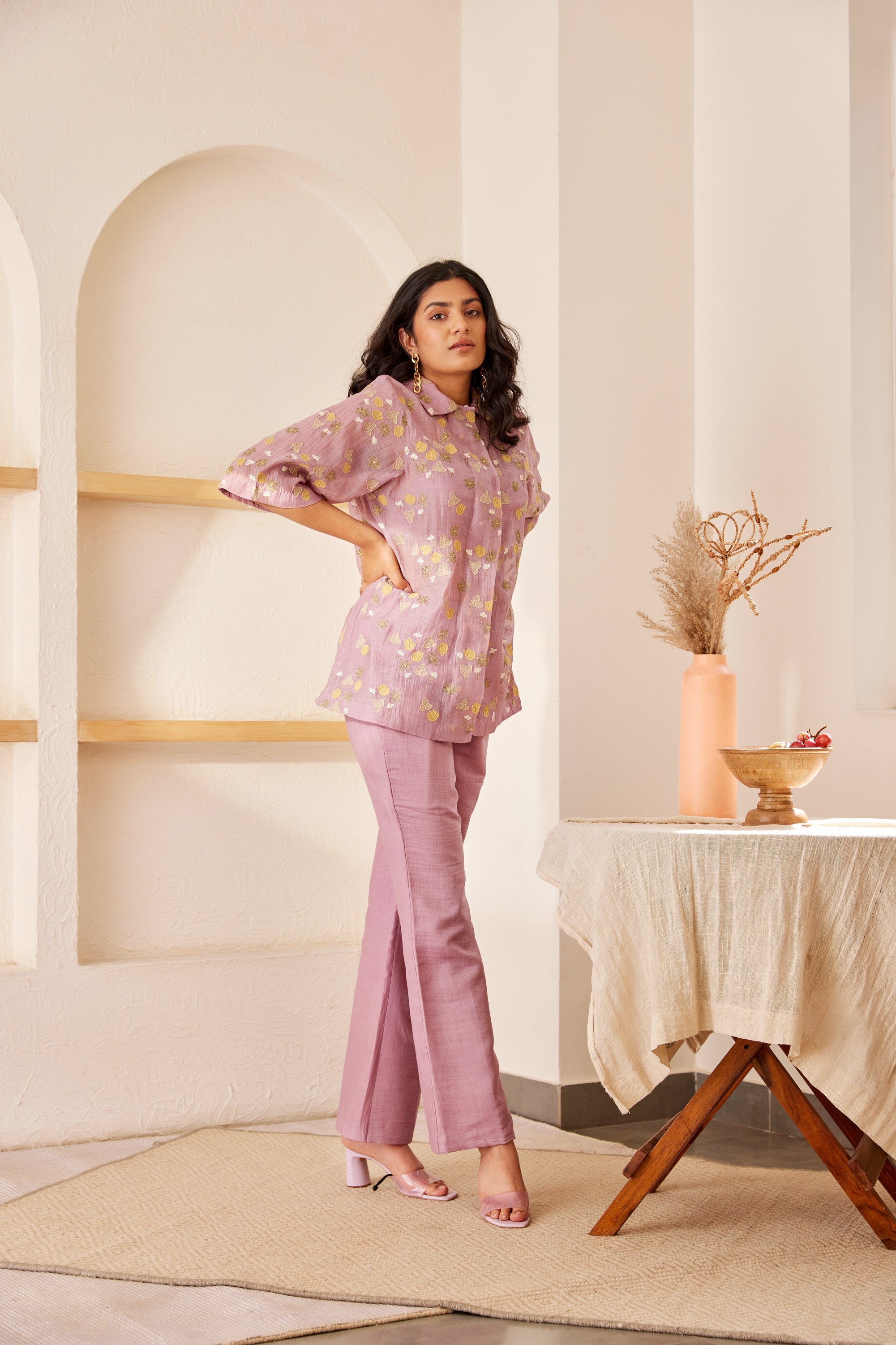 Lavender chanderi silk hand embroidered shirt