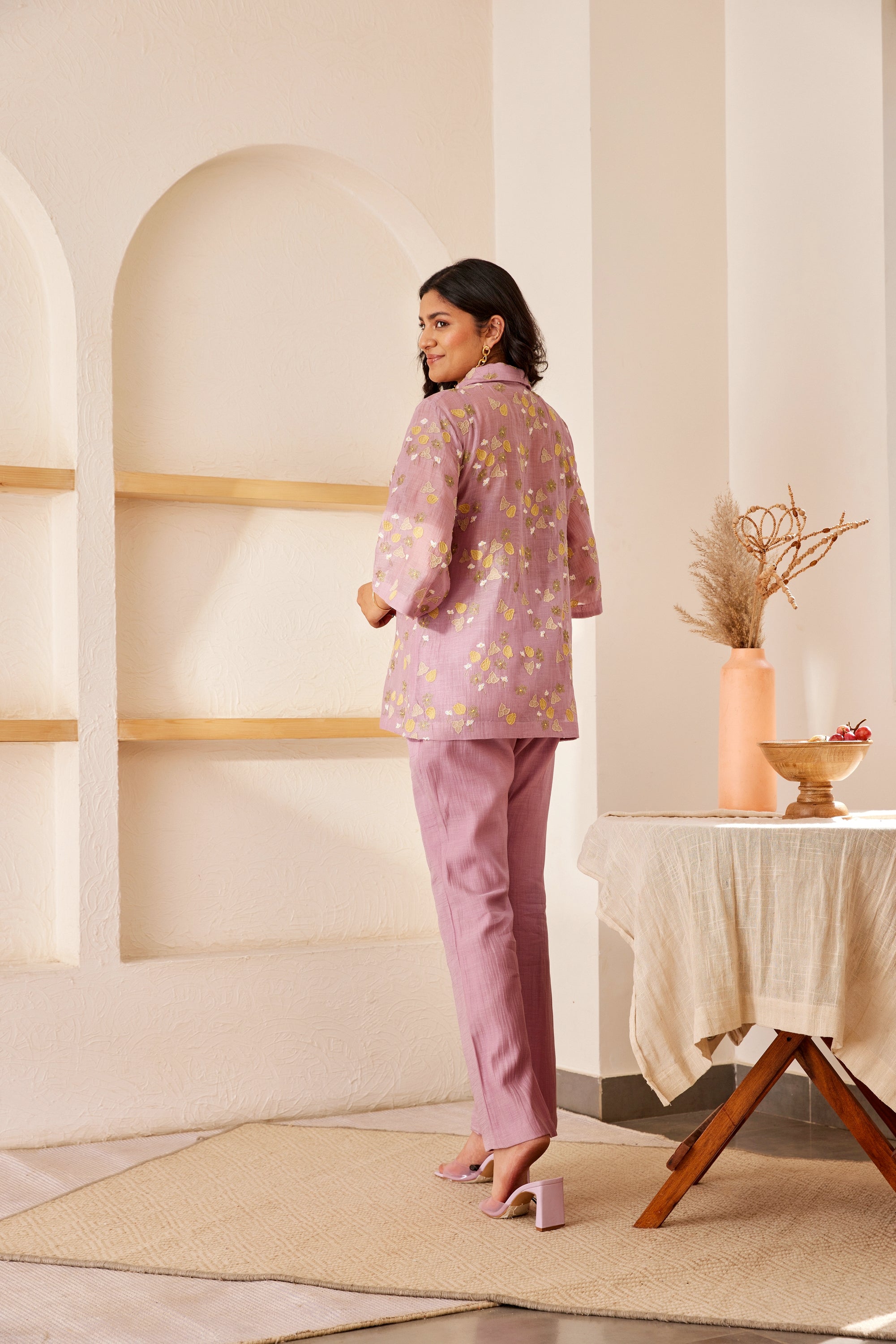 Lavender chanderi silk hand embroidered shirt