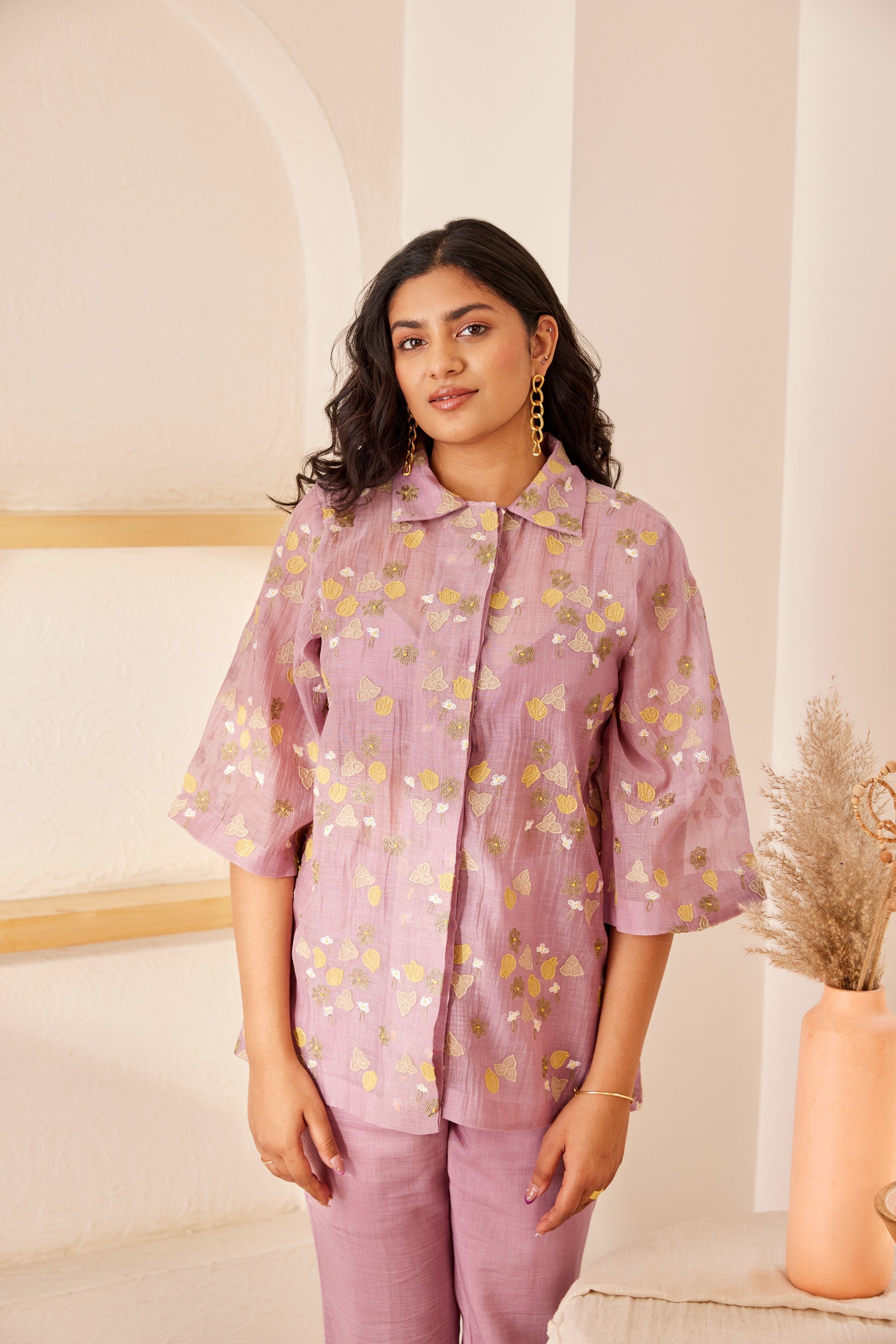 Lavender chanderi silk hand embroidered shirt