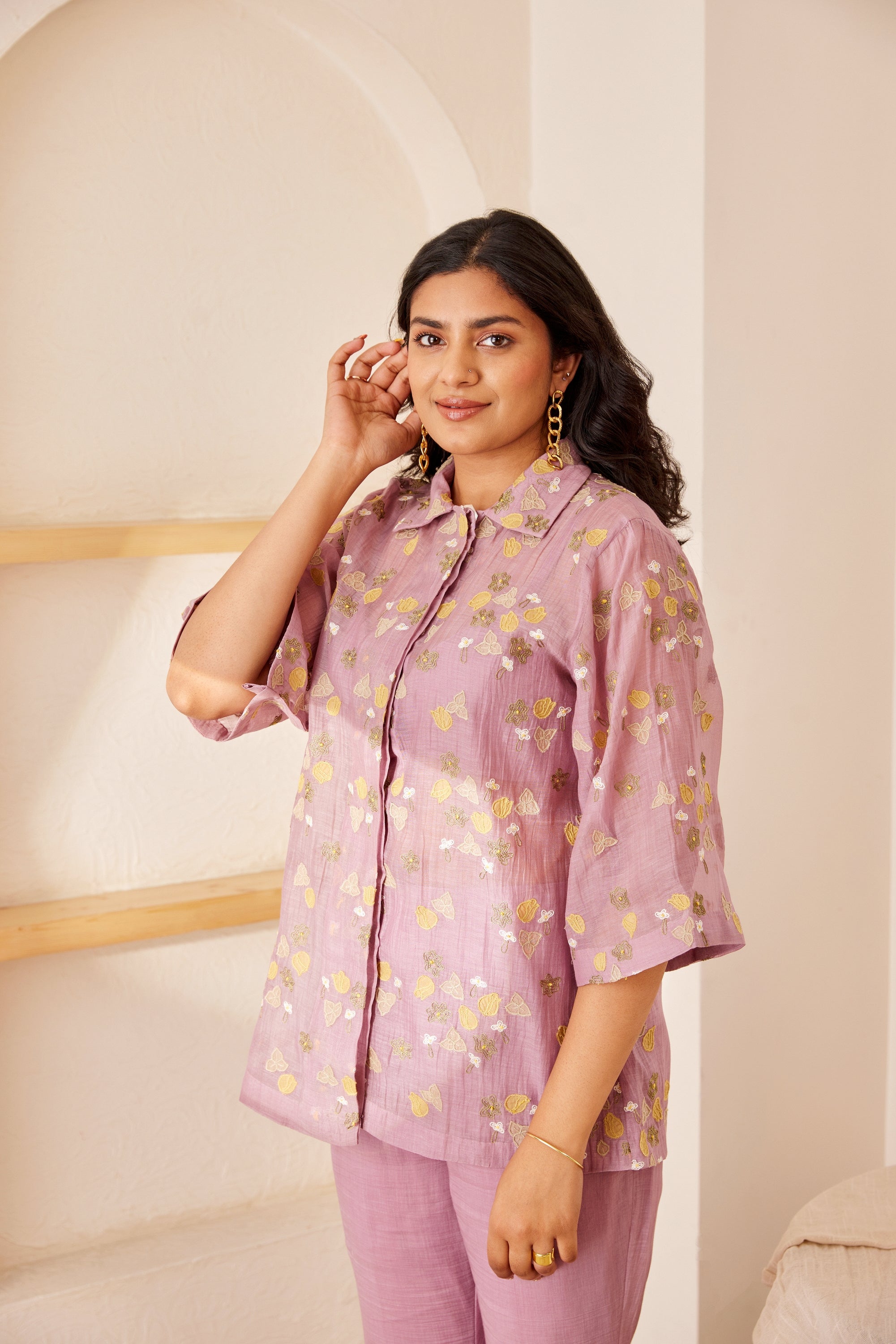 Lavender chanderi silk hand embroidered shirt
