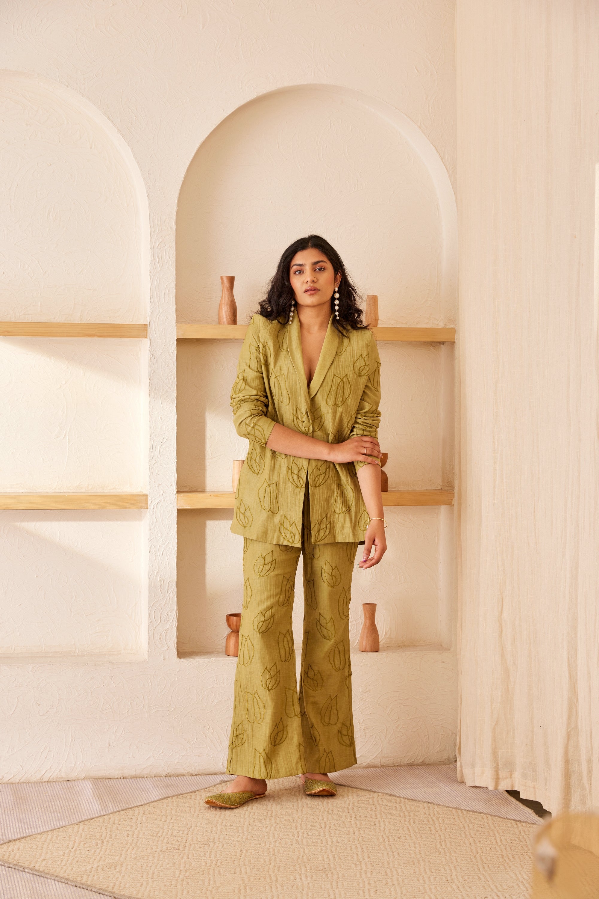 Green chanderi silk embroidered blazer set