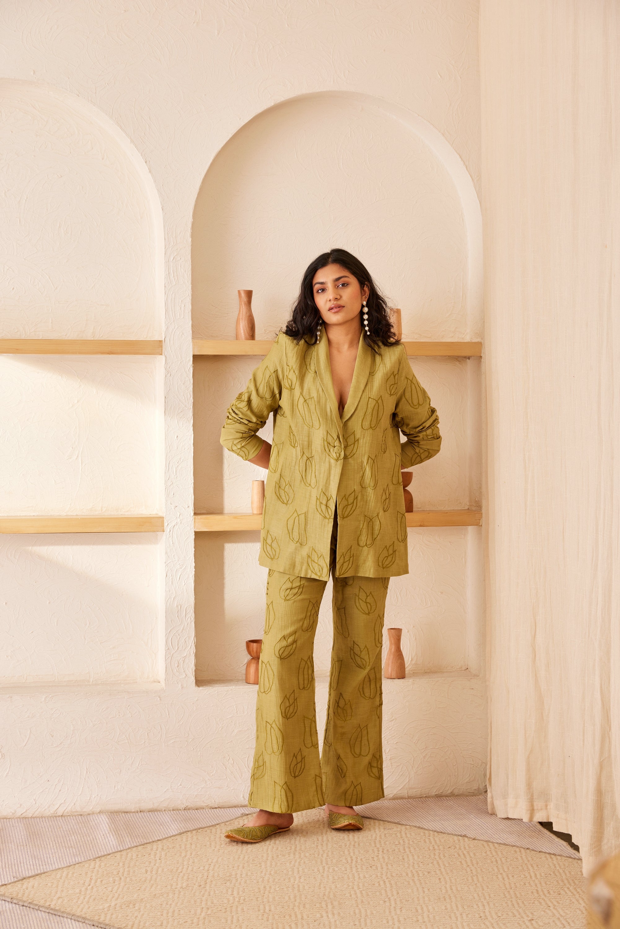 Green chanderi silk embroidered blazer set