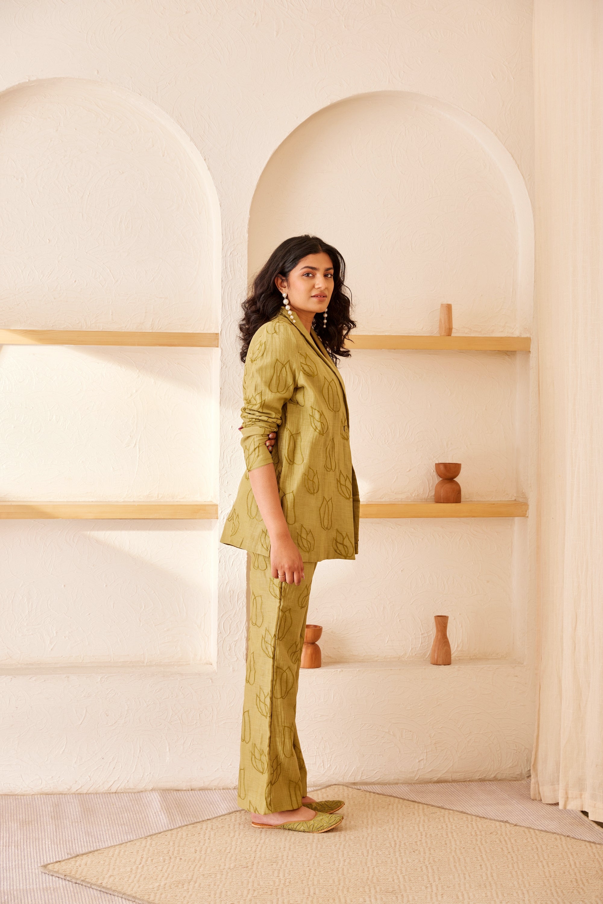 Green chanderi silk embroidered blazer set