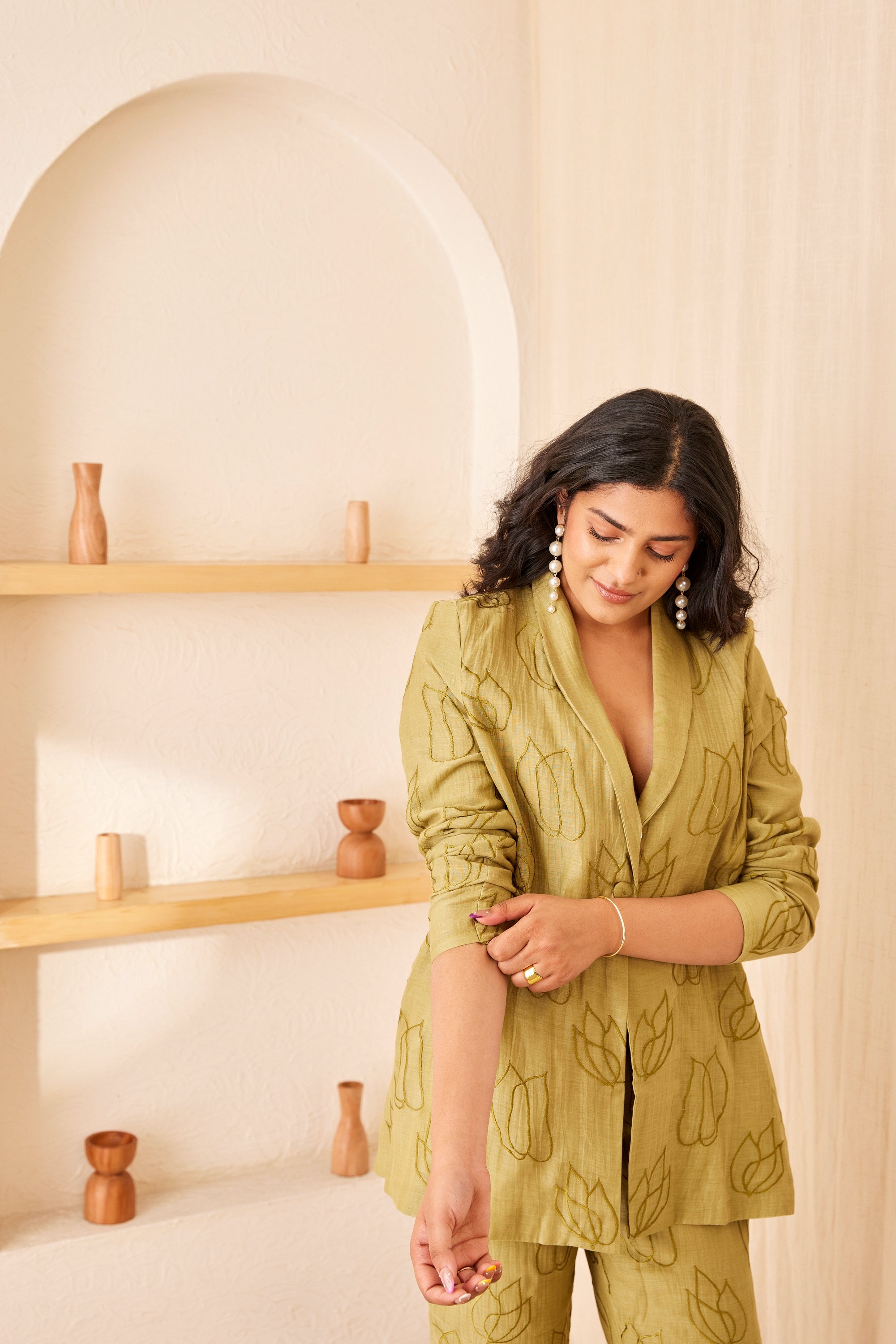 Green chanderi silk embroidered blazer set