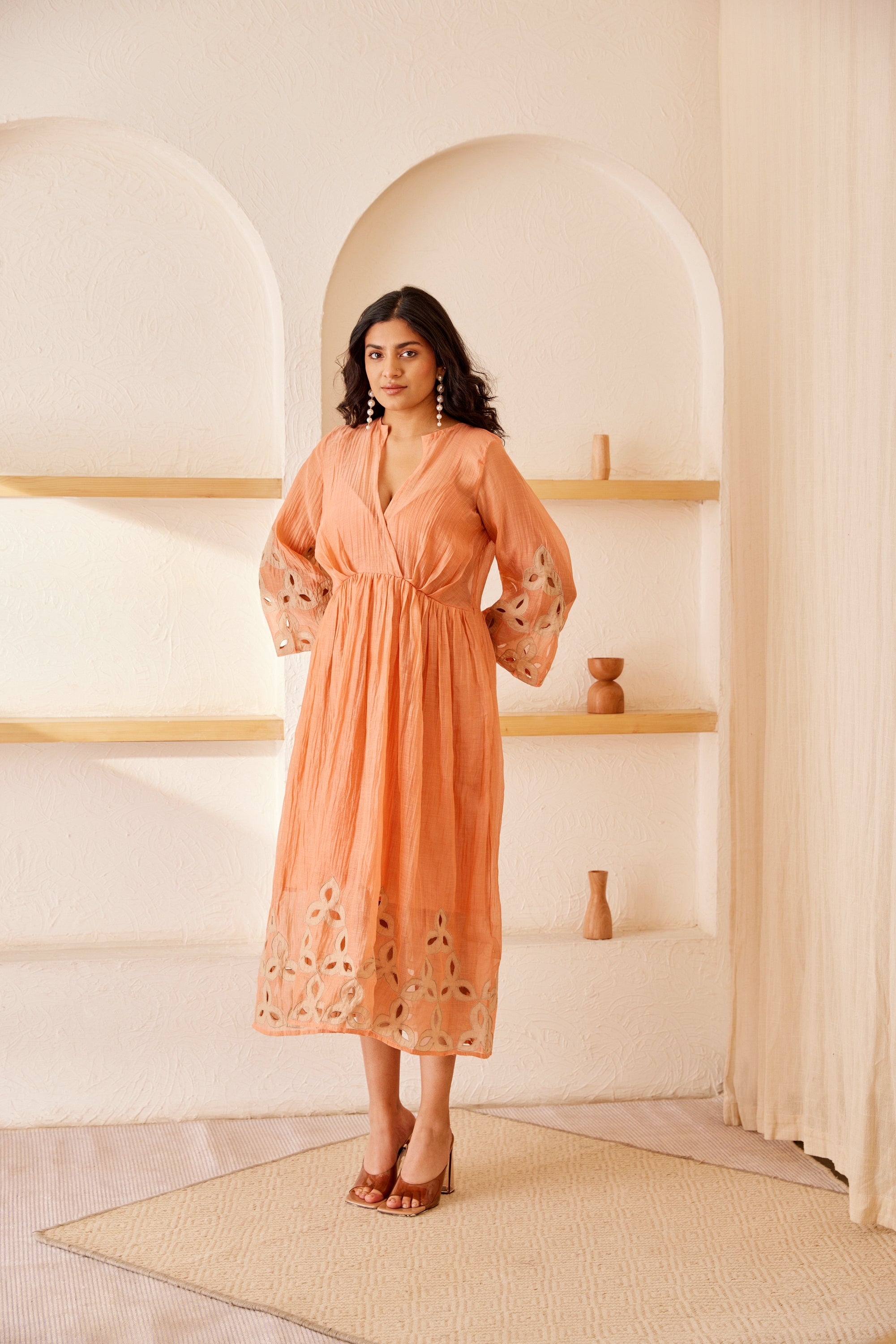 Peach chanderi silk hand embroidered dress