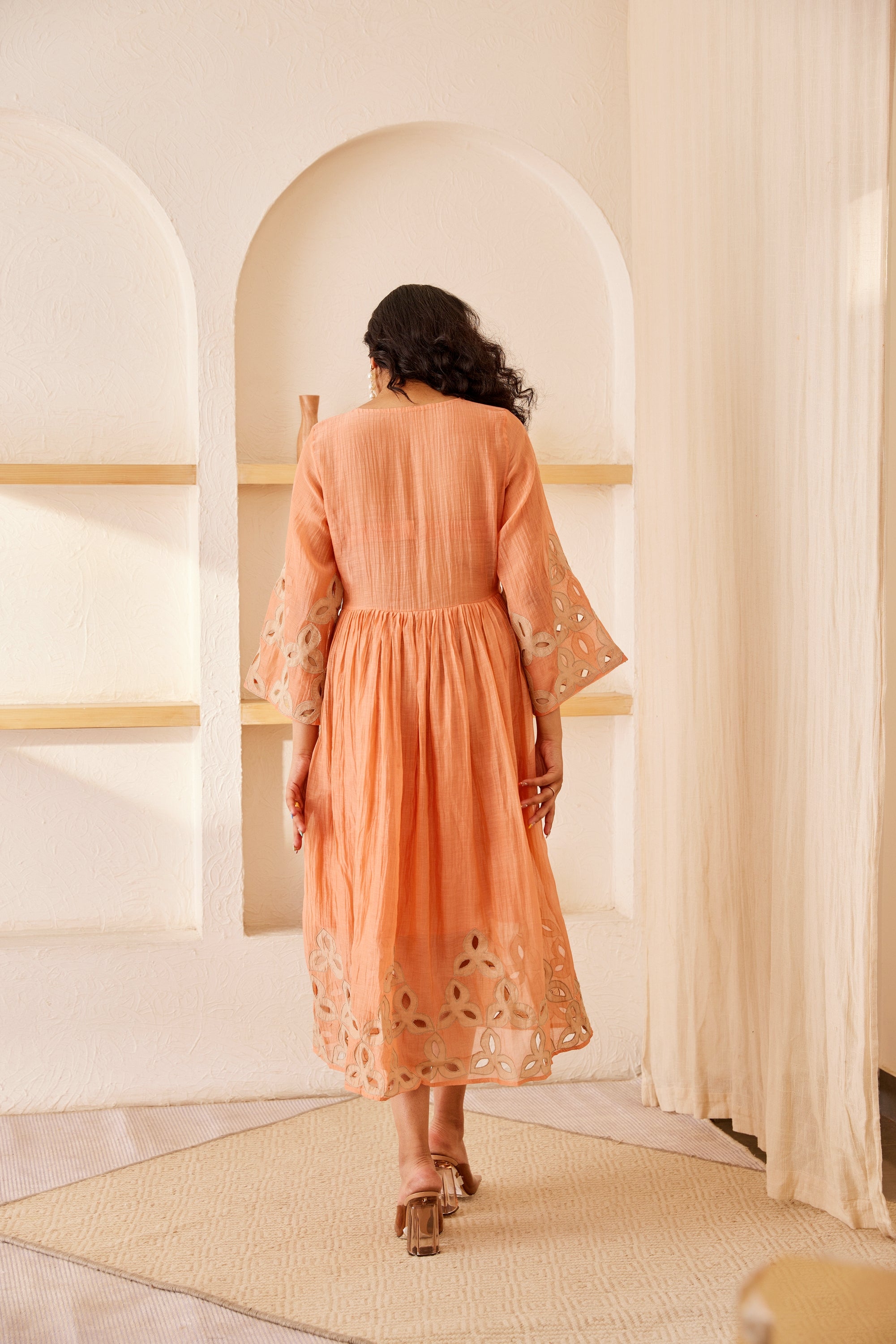 Peach chanderi silk hand embroidered dress