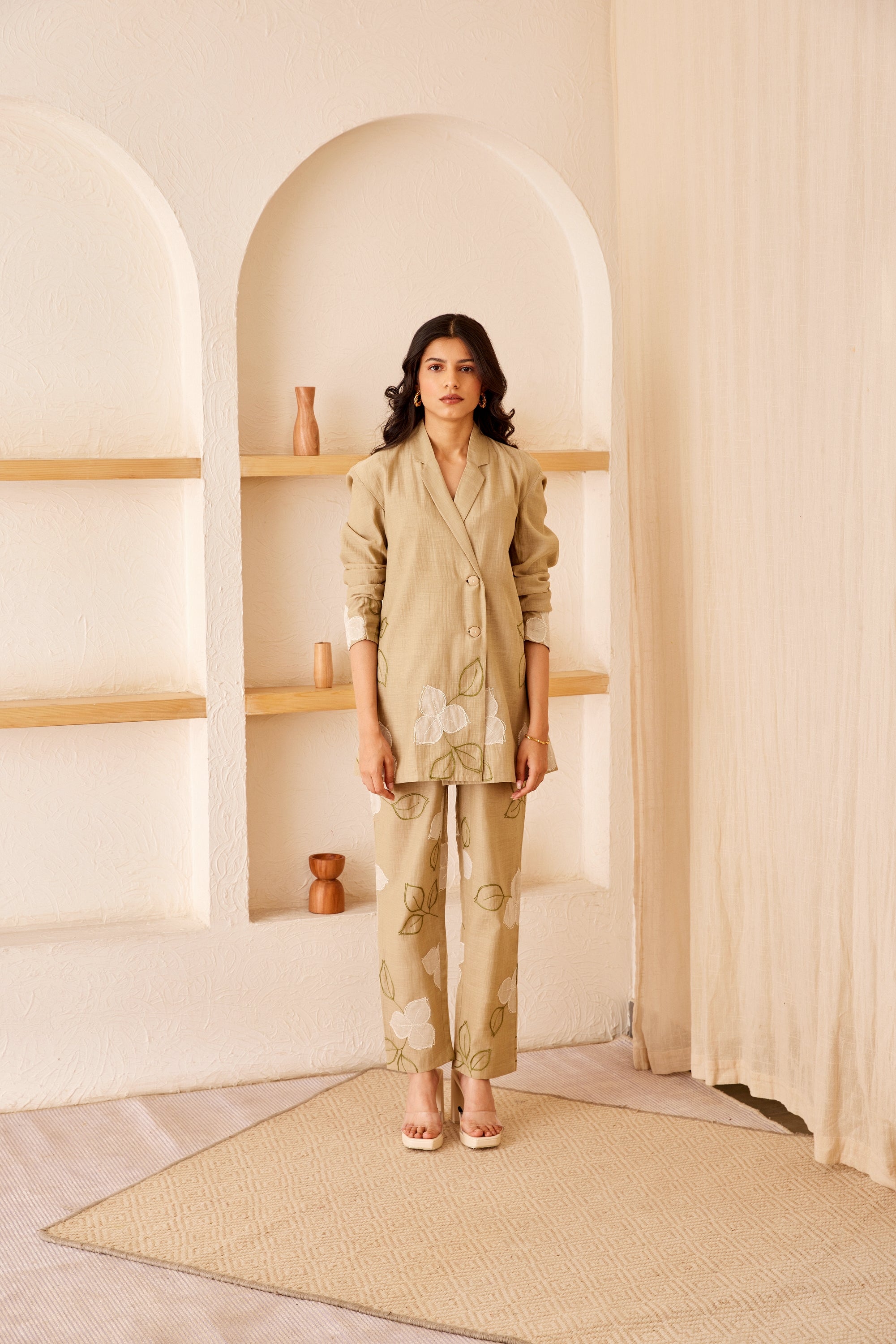 Beige chanderi silk hand embroidered blazer set