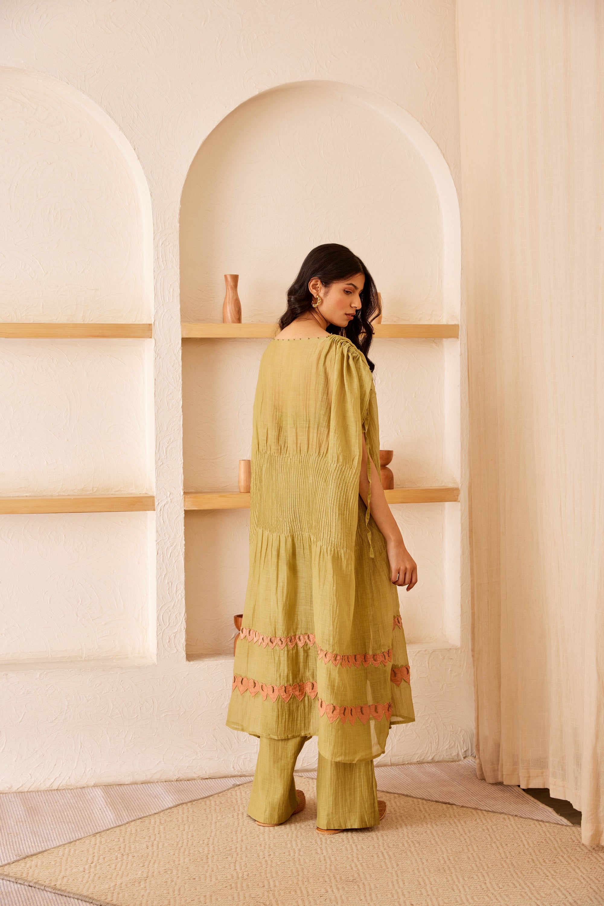 Green chanderi silk hand embroidered kaftan set