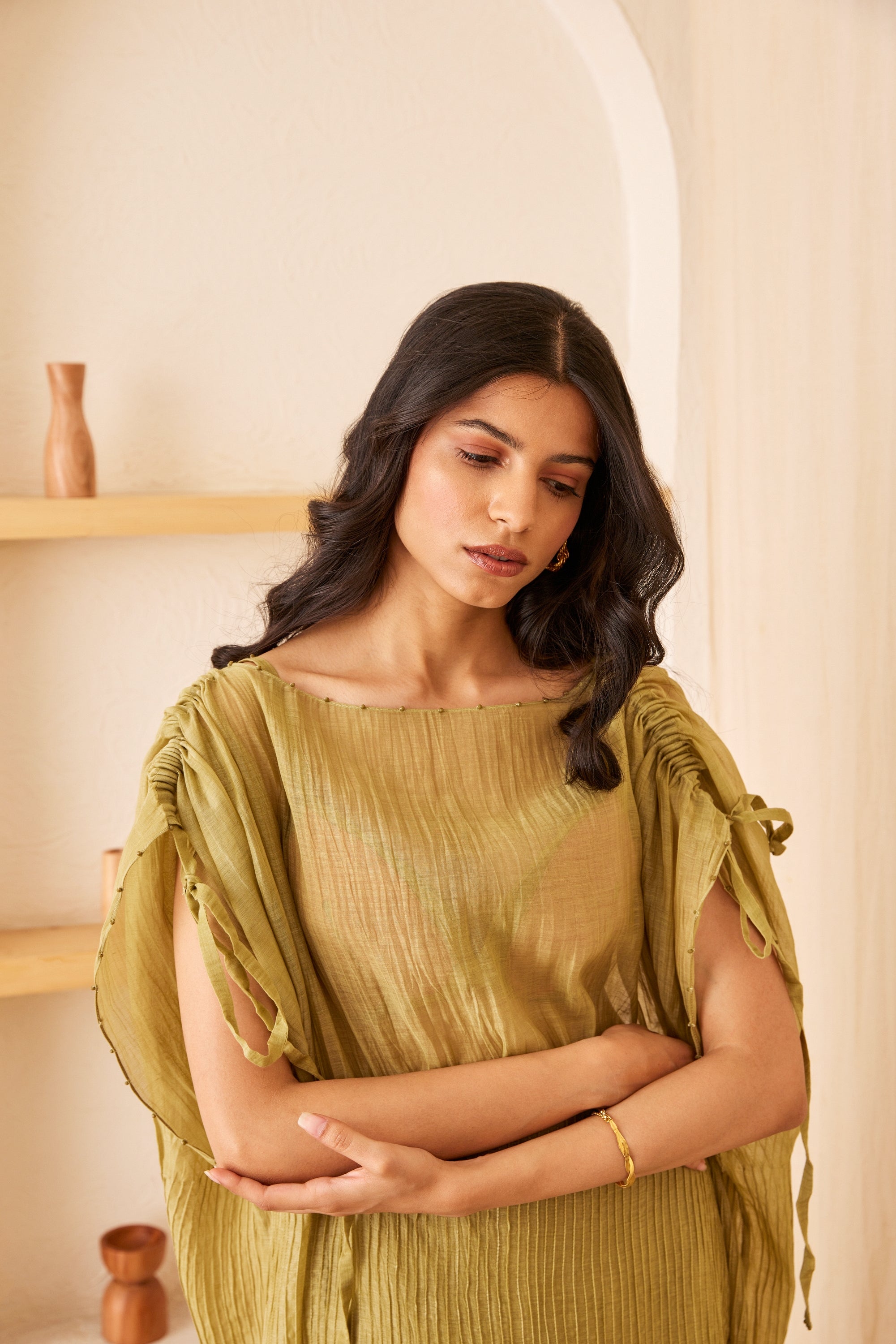 Green chanderi silk hand embroidered kaftan set