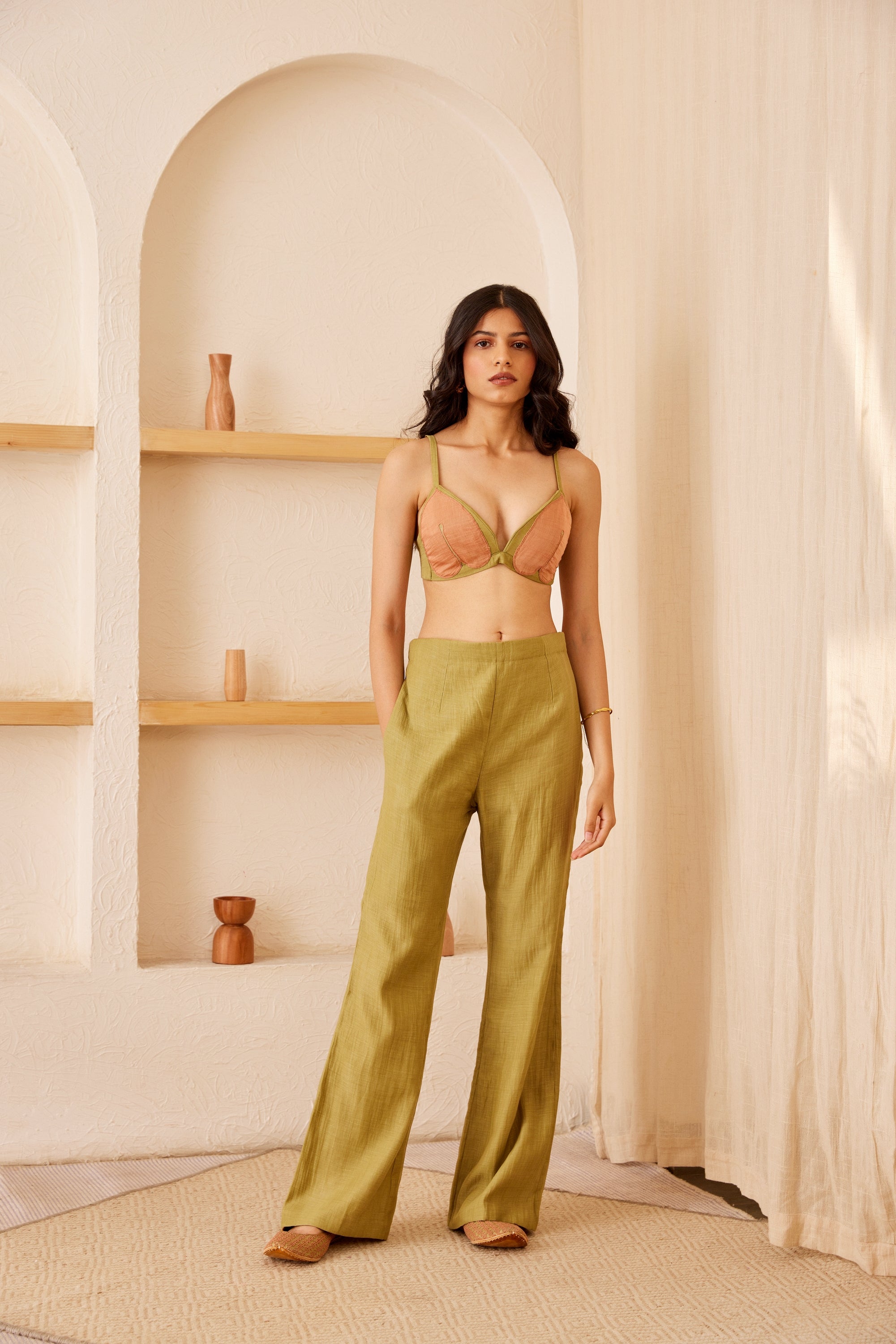 Green chanderi silk hand embroidered kaftan set