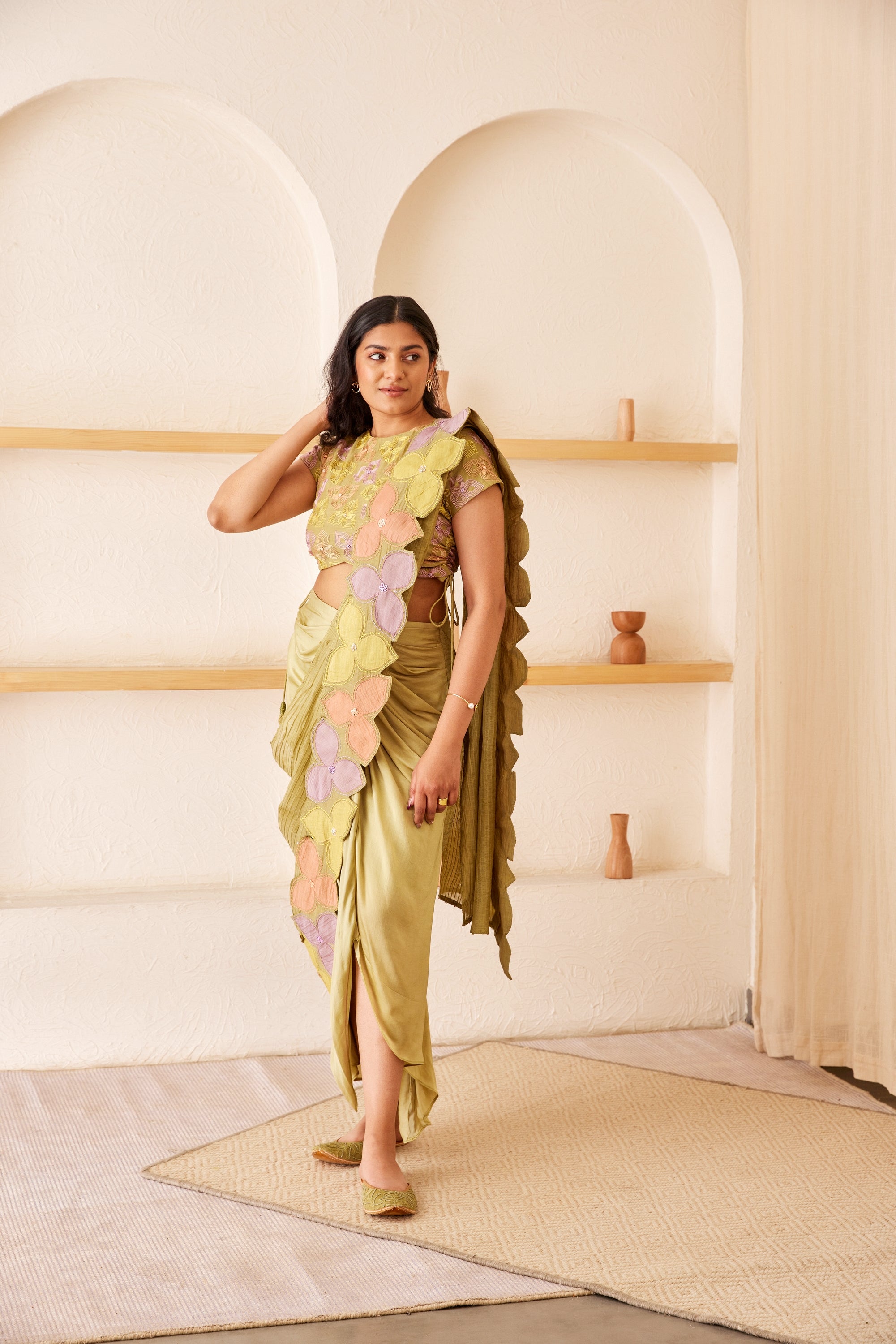 Green chanderi silk hand embroidered pre-draped saree