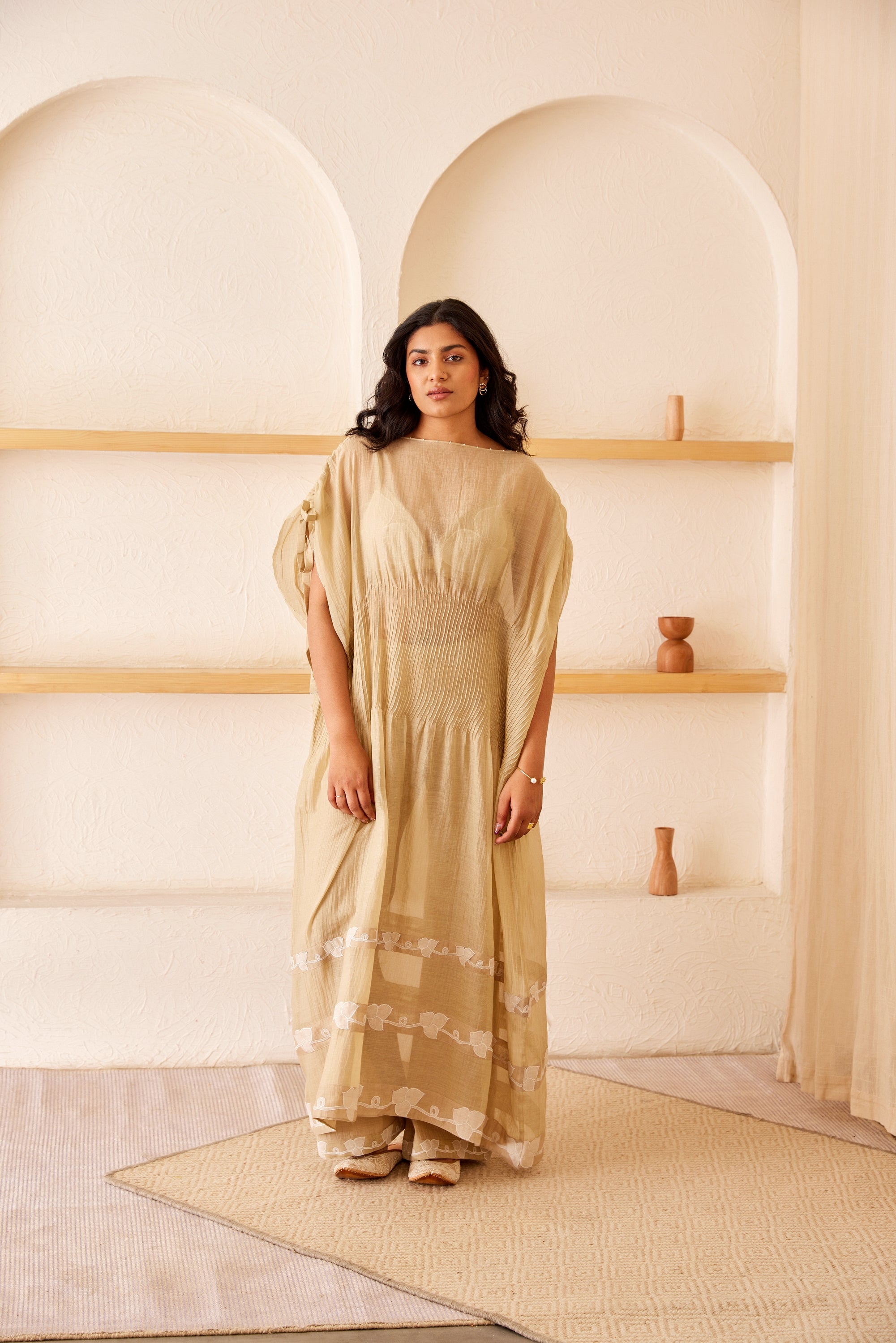 Beige chanderi silk hand embroidered kaftan