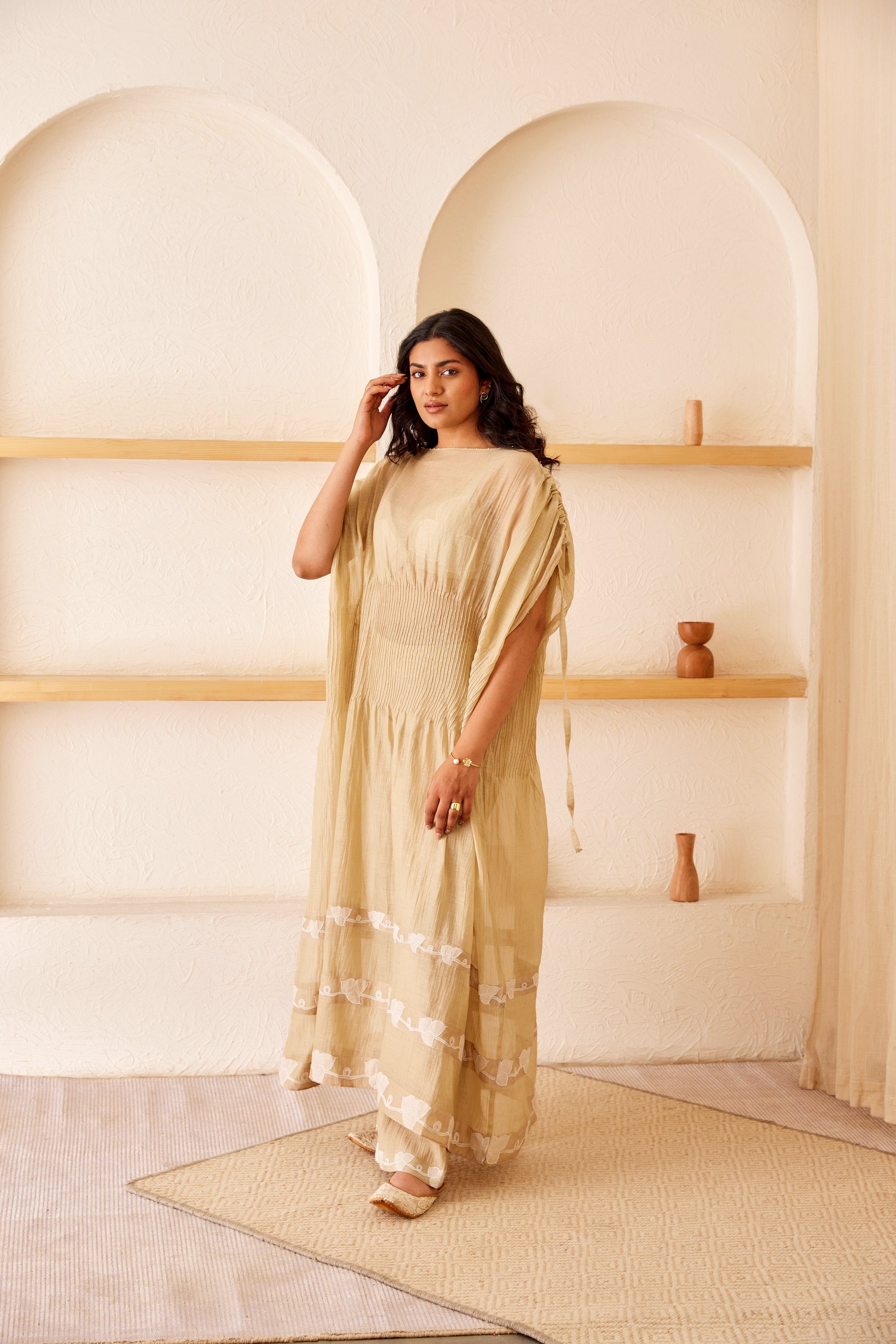 Beige chanderi silk hand embroidered kaftan set