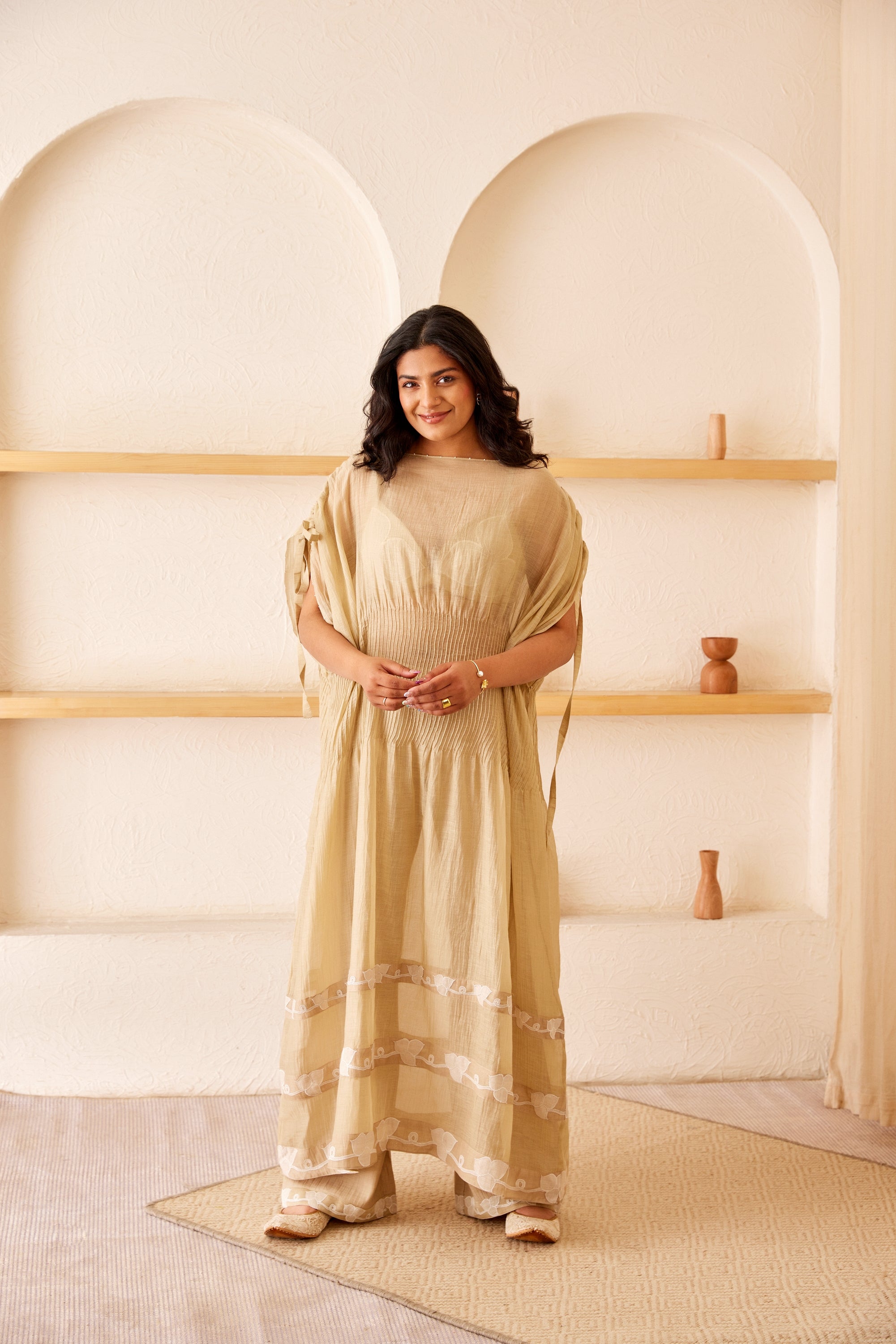 Beige chanderi silk hand embroidered kaftan